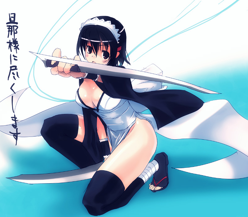 1girls black_legwear black_thighhighs bonnet bow breasts cleavage female hair_ornament hairclip iroha maid maid_headdress ninja refeia samurai_shodown snk solo sword thighhighs weapon wristband