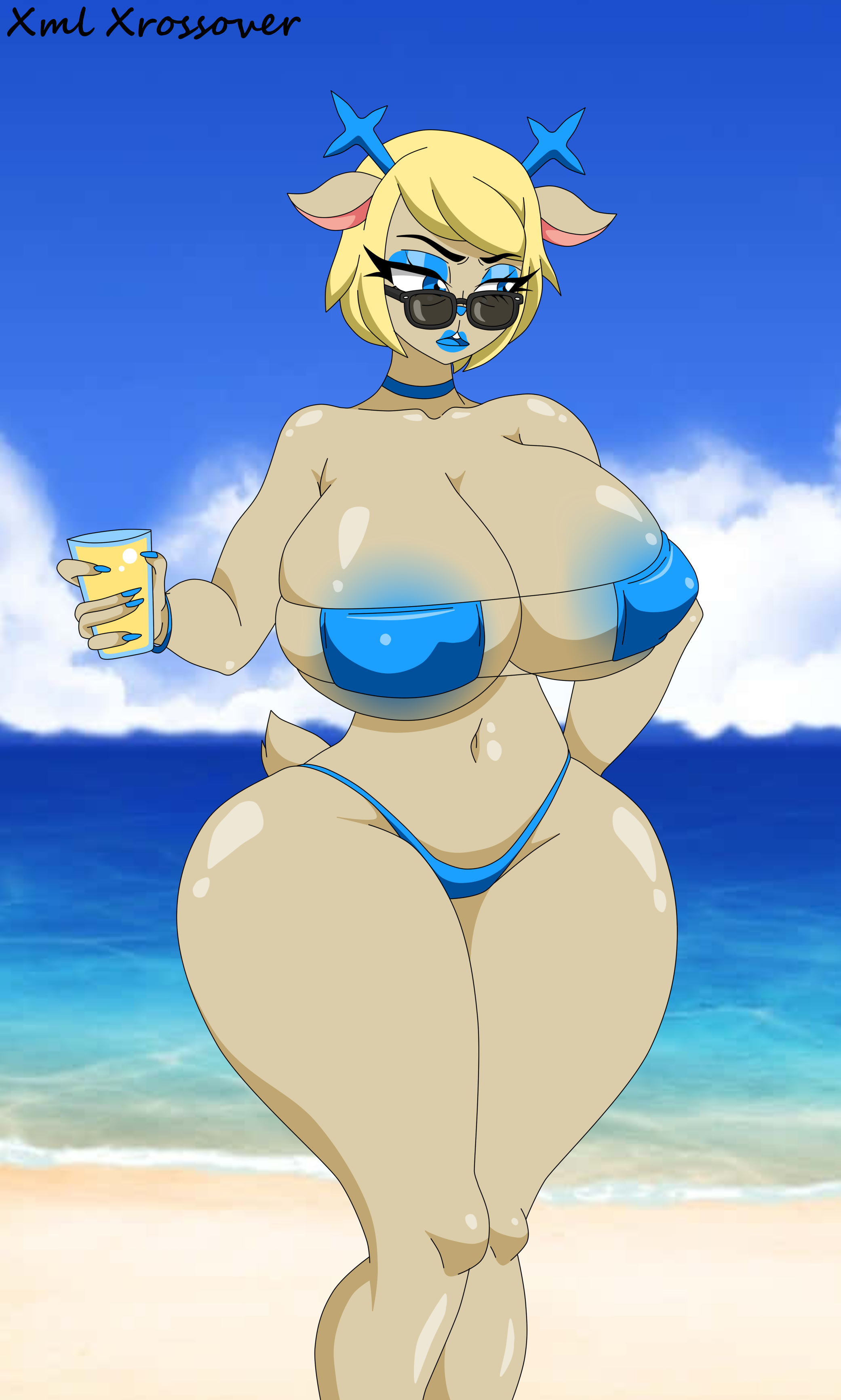 1girls, anthro, antlers, bikini, bikini bottom, bikini top, blonde hair, blue eyes, carol holiday, child bearing hips, deer, deer ears, deer girl, deltarune, deltarune chapter 2, eyepatch bikini, female only, furry, furry female, huge ass, huge breasts, lipstick, milf, mother, self upload, tail, thick thighs, wide hips, xml xrossover (artist)