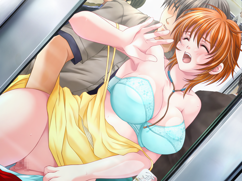 against_glass big_breasts blush bra chikan dutch_angle female game_cg kodama_nozomi lingerie mochizuki_nozomu molestation oneesan_nakadashi_chikan_ressha orange_hair pussy screaming short_hair skirt_lift train train_interior