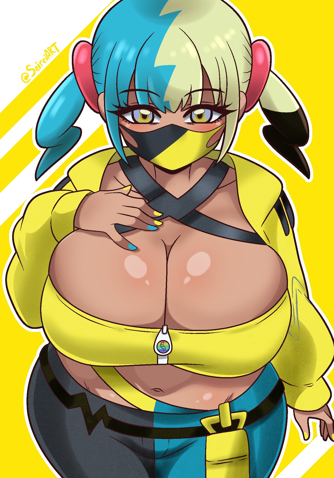 1girls, bandeau, black halterneck, blue nails, breasts, canari (pokemon), canary (pokemon), cleavage, criss-cross halter, dark skin, dark-skinned female, female, female only, game freak, halterneck, huge breasts, looking at viewer, multicolored clothing, multicolored hair, multicolored mask, multicolored pants, nail polish, navel, nintendo, painted nails, pants, pokemon, pokemon legends: z-a, seireiart, solo, two-tone clothing, two-tone mask, two-tone pants, yellow bandeau, yellow nails, zipper, zipper pull tab