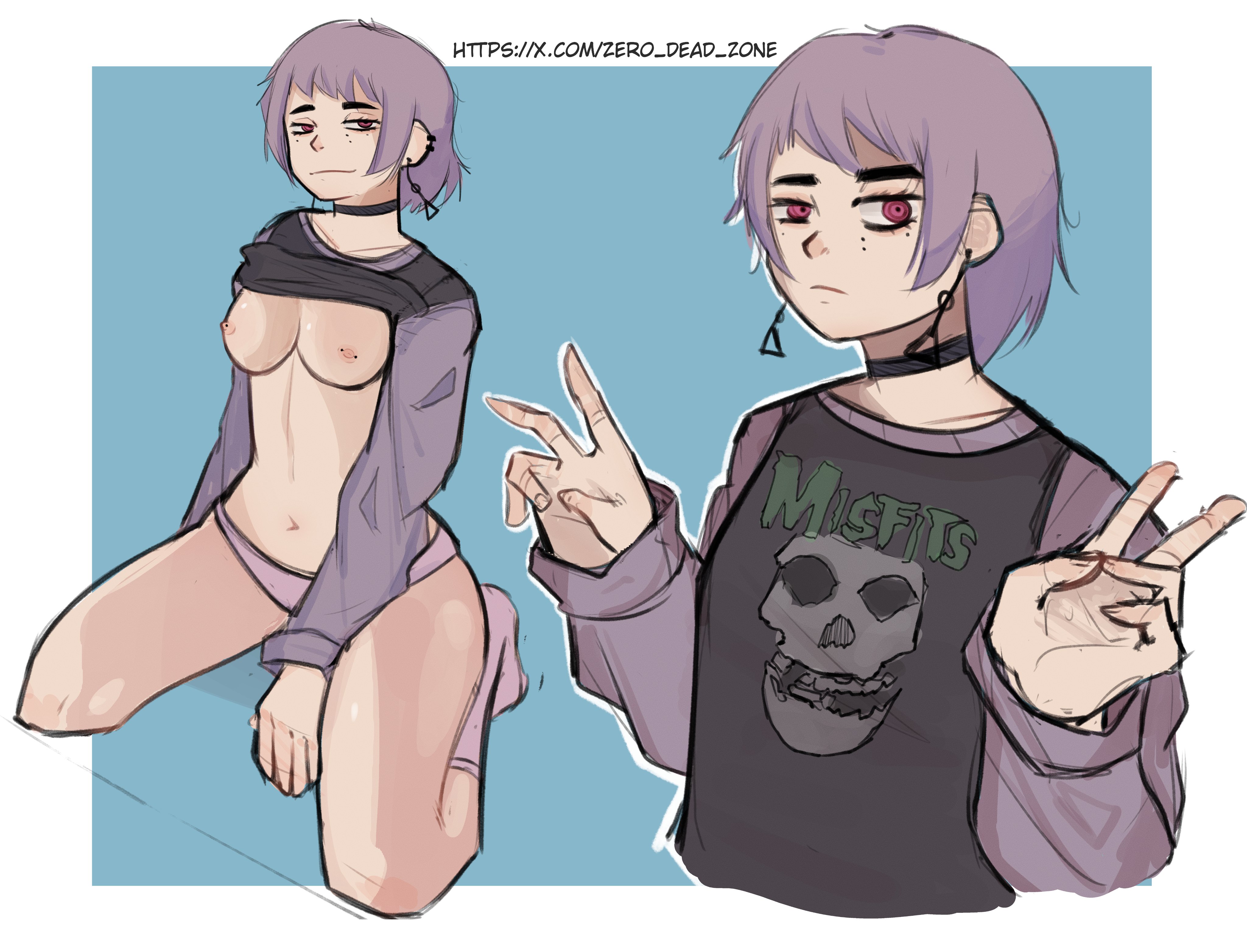 1girls, 2024, 2d, 2d (artwork), blank background, breasts, breasts out, chainsaw man, clothing, death devil (chainsaw man), double peace sign, earrings, female, freckles, freckles on face, kneeling, kneeling on floor, looking at viewer, misfits, misfits (band), nipples, panties, pierced nipples, pink panties, pinup, shirt, shirt lift, short hair, short hair female, short-haired female, smug look, socks, spread legs, twitter link, twitter url, zero dead zone
