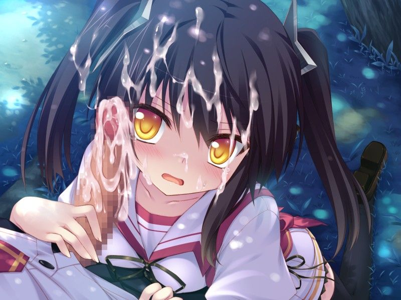 2-g black_hair censored cum facial game_cg kisaragi_mai school_uniform softhouse-seal_grandee thighhighs tied_hair twintails yellow_eyes zettai_ryouiki_sex_royale!!