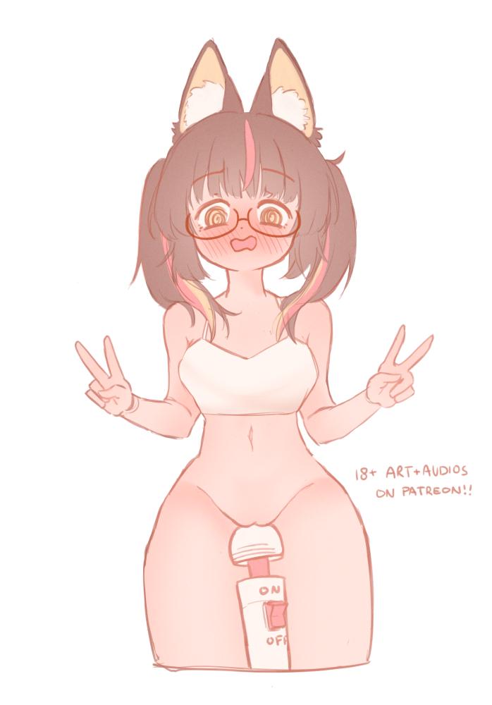 1girls, blush, bottomless, brown hair, cat ears, cat tail, catgirl, double v, female, female only, glasses, golden eyes, hairless pussy, hitachi magic wand, navel, peace sign, pleasure face, pussy, sex toy, sex toy in pussy, spiral eyes, thick thighs, vibrator, wand vibrator, yunadereva, yunadereva (character)
