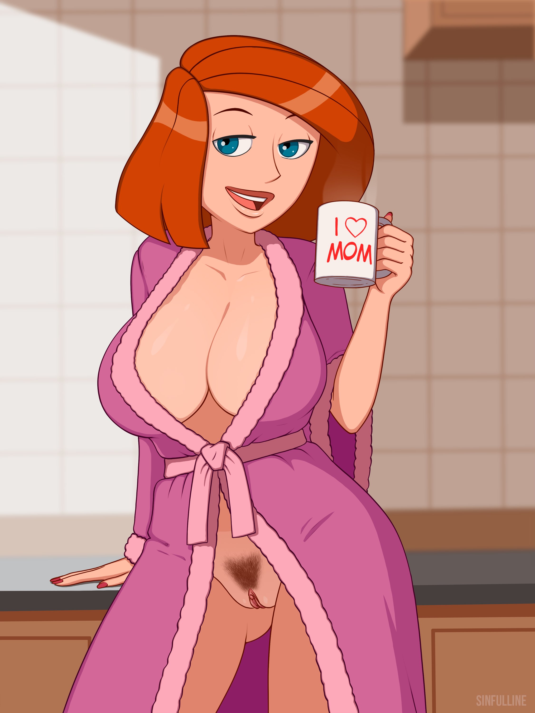 1girls, ann possible, bathrobe, big breasts, blue eyes, breasts, brown hair, brown pubic hair, cleavage, coffee, coffee mug, drink, female, female only, hair, holding drink, holding object, huge breasts, kim possible, mature, mature female, mature woman, milf, mother, nail polish, nails, pubes, pubic hair, purple robe, pussy, robe, short hair, sinfulline, vagina