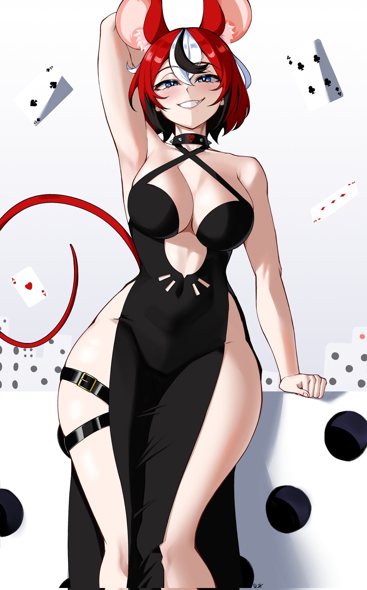 1girls, alternate costume, alternate hairstyle, animal ears, arm up, black dress, black hair, blue eyes, breasts, card, clarkekitsp, collar, commentary, dress, english commentary, female, female only, grin, hakos baelz, highres, hololive, hololive english, large breasts, mouse ears, mouse girl, mouse tail, multicolored hair, pelvic curtain, playing card, red hair, short hair, side slit, smile, solo, spiked collar, spikes, streaked hair, tail, teeth, virtual youtuber, wide hips