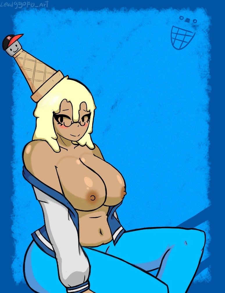 118o8, areolae, belly button, big breasts, breasts, brown skin, clothing, female, female only, forsaken (roblox), glasses, ice cream cone hat, ice cream hair, jacket, letterman jacket, lewdgyofu art, looking at viewer, nipples, off shoulder, pants, roblox, roblox game, robloxian, sitting, solo, source request, stomach, tagme, thighs, watermark