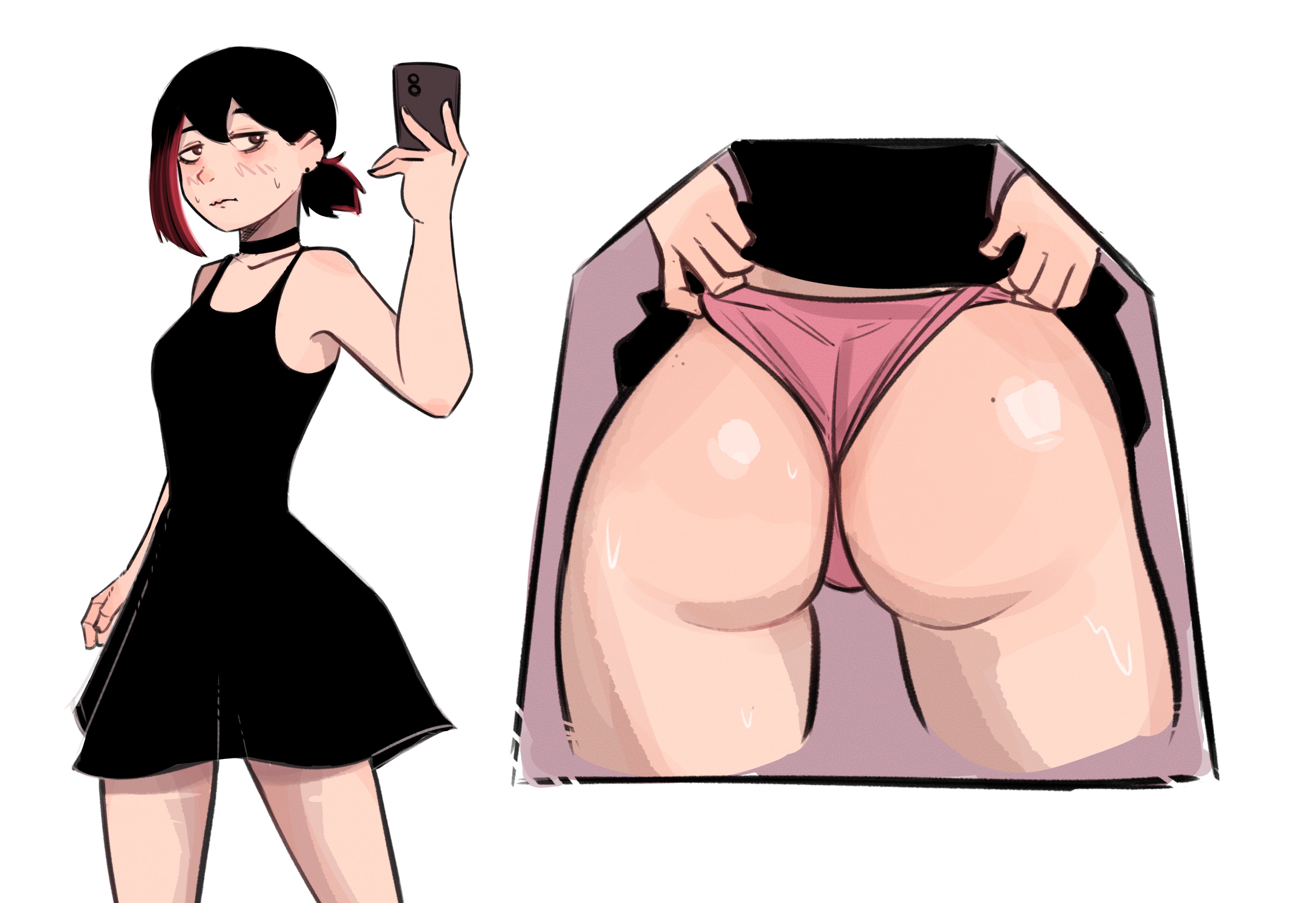 1girls, 2d, 2d (artwork), adjusting panties, ass, ass closeup, black dress, black hair, black hair female, black-haired female, blank background, blush, blush lines, butt, cell phone, chainsaw man, choker, close up ass, higashiyama kobeni, mole on ass, mole on butt, phone, pink panties, ponytail, sweatdrop, taking selfie, using phone, white background, zero dead zone