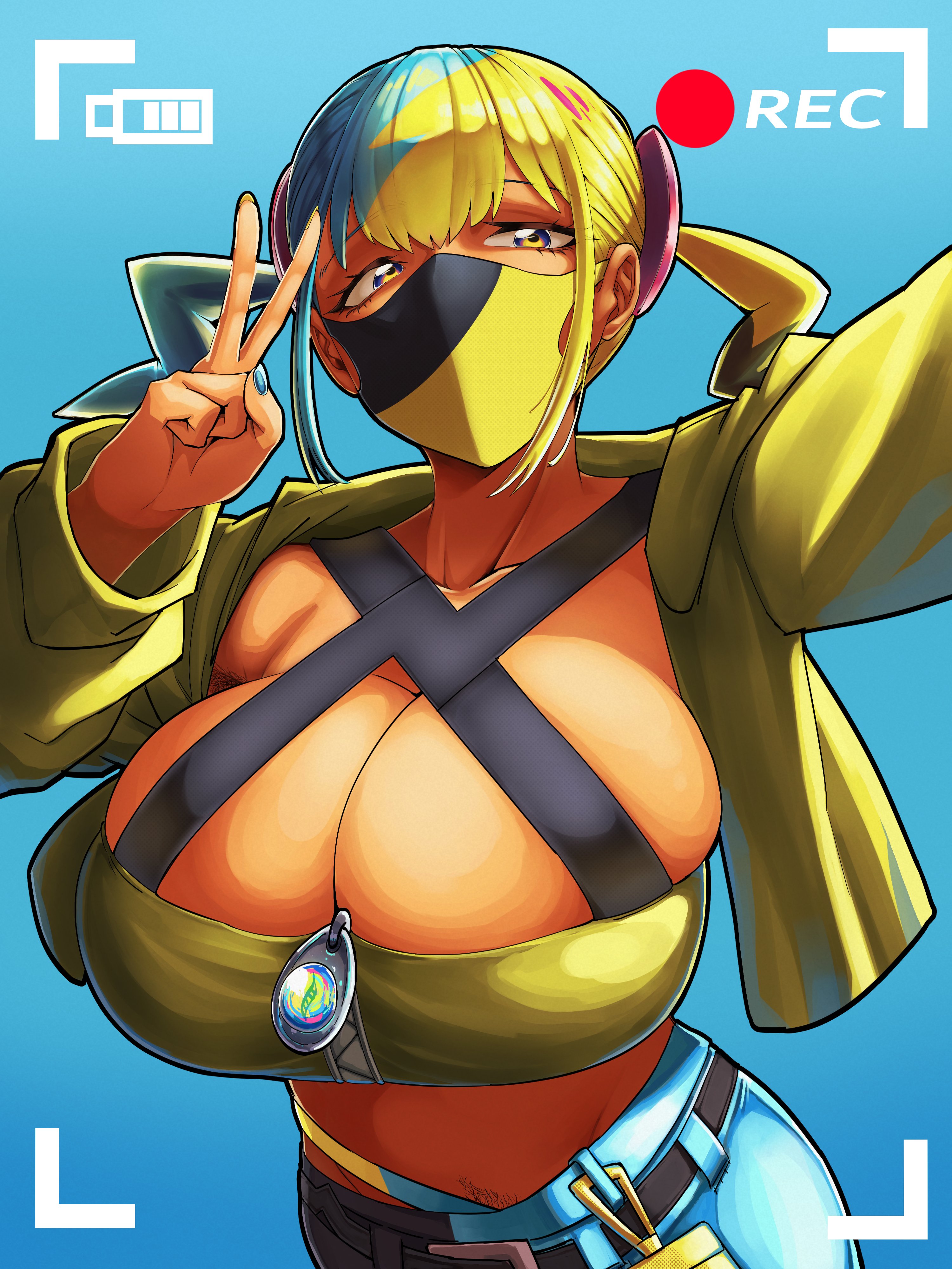 1girls, alternate breast size, bandeau, black halterneck, blue nails, canari (pokemon), canary (pokemon), clothed, criss-cross halter, dark skin, dark-skinned female, face mask, game freak, halterneck, huge breasts, long breasts, multicolored clothing, multicolored hair, multicolored mask, multicolored pants, nail polish, nintendo, pants, peace sign, pokemon, pokemon legends: z-a, recording, sagging breasts, selfie, sfw, skindentation, streetwear, tight clothing, tofo u, torpedo breasts, two-tone clothing, two-tone mask, two-tone pants, v, v sign, yellow bandeau, yellow nails, zipper, zipper pull tab