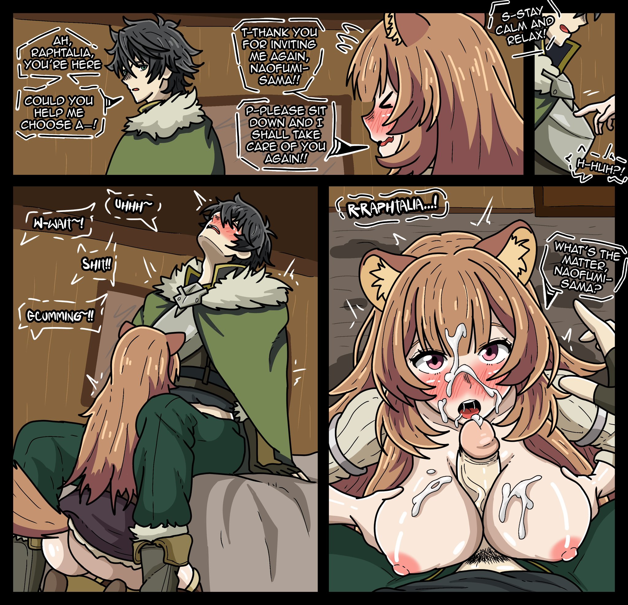 1girls, apoelayoshi7, ass, boobjob, boobs, breasts, butt, cum, ejaculation, english text, female, iwatani naofumi, nipples, no bra, orgasm, paizuri, penis between breasts, raccoon girl, raphtalia, semen, talking, tate no yuusha no nariagari, text, the rising of the shield hero, titjob, tits, woman