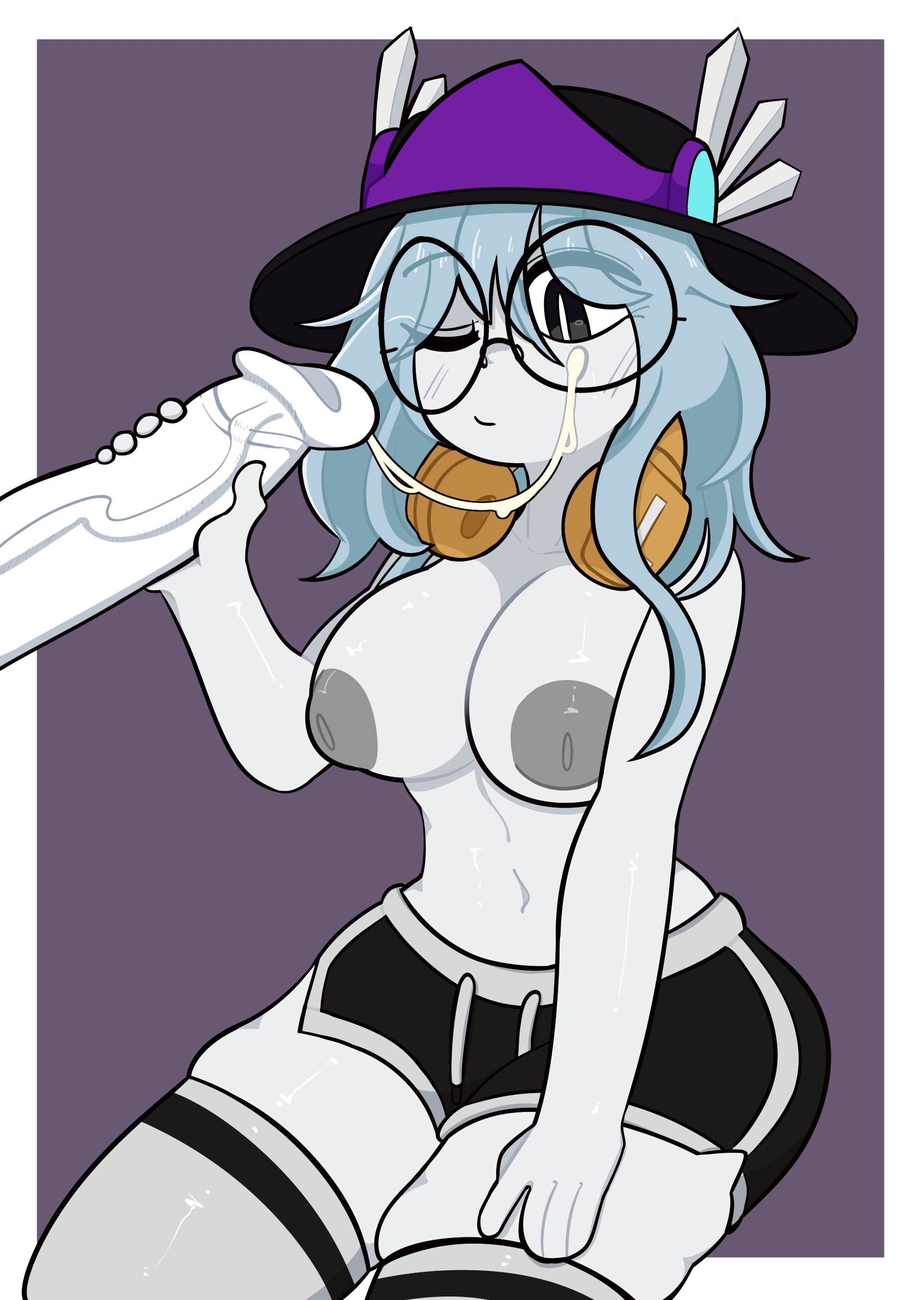 1boy, 1boy1girl, 1girls, 2025, areolae, belly button, big penis, black eyes, black fedora, black hat, black shorts, black stripes, blue hair, breasts, commission, cum, cum on face, cum string, dolphin shorts, eyebrows, eyebrows visible through hair, fedora, female, female focus, glasses, hand on own thigh, handjob, hat, headphones, headphones around neck, holding penis, inverted nipples, looking at penis, male, medium breasts, nipples, offscreen character, offscreen male, one eye closed, partially clothed, partially clothed female, penis, penismaster48, purple background, purple headwear, roblox, roblox avatar, robloxian, short hair, short shorts, shorts, simple background, sitting, stomach, stripe, thick thighs, thighhighs, thighs, topless, topless female, valkyrie helm, veiny penis, white skin, white thighhighs
