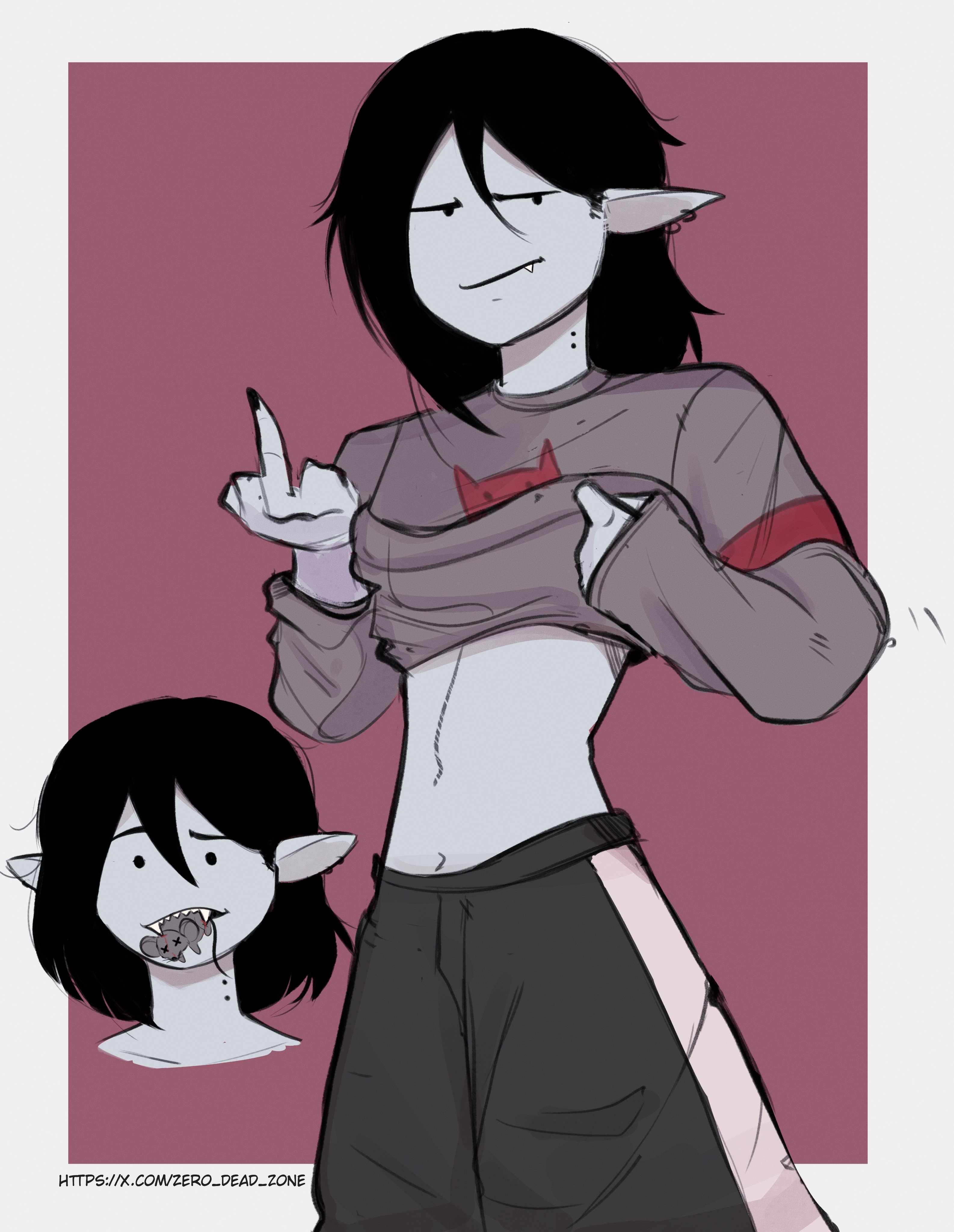 1girls, 2d, 2d (artwork), adventure time, black hair, black hair female, black-haired female, earrings, legwear, marceline, middle finger, midriff, pointy ears, shirt, shirt lift, twitter link, twitter url, vampire, vampire girl, vampire teeth, zero dead zone