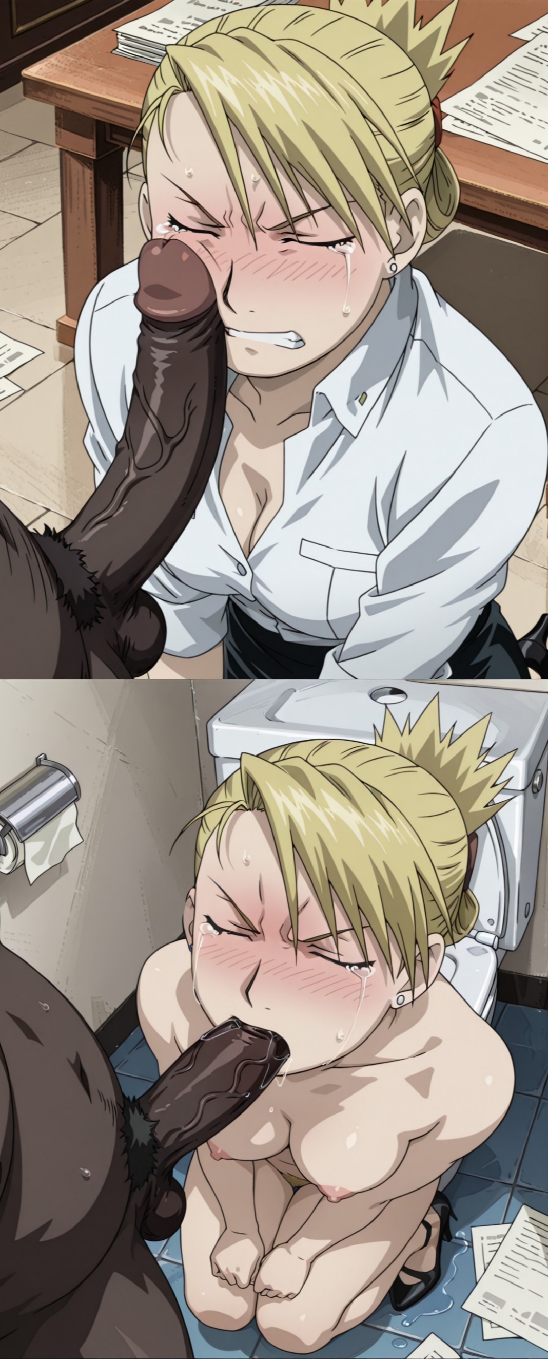 1boy, 1boy1girl, 1girls, 2d, ai generated, angry, angry expression, angry face, angry sex, anime, anime style, balls, bathroom, big penis, blonde hair, blowjob, blush, breasts, cheating, cheating girlfriend, closed eyes, cock, crying, crying with eyes closed, dark skin, dark-skinned male, dick, dick on face, duo, earrings, erection, female, fullmetal alchemist, fullmetal alchemist brotherhood, heels, huge cock, interracial, interracial sex, light skin, light-skinned female, male, male/female, medium breasts, naked, naked female, naked male, netorare, nipples, ntr, nude female, nude male, office, office clothing, office lady, oral, oral sex, penis, penis on face, pubic hair, quietns, riza hawkeye, saliva, secretly loves it, shiny skin, short hair, shy, squatting, sucking, sucking penis, tears, testicles, tied hair, tits, unfaithful, veins, veins on cock, veins on dick, yellow hair