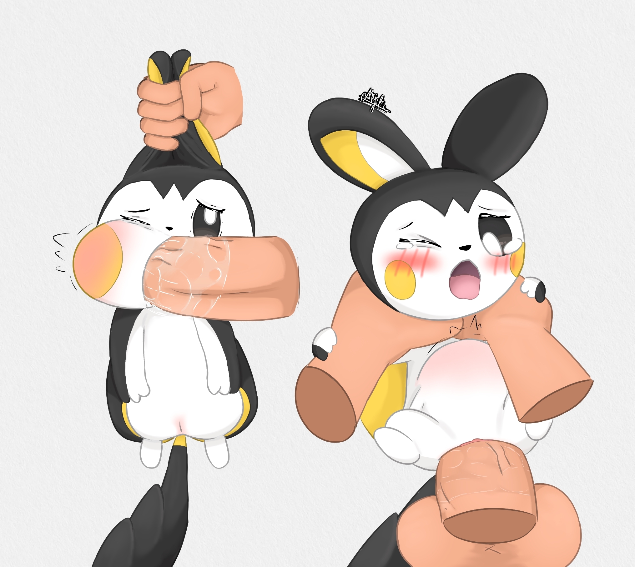 2025, 3 fingers, balls, big penis, black body, black fur, blush, bodily fluids, cheek bulge, disembodied hand, disembodied penis, duo, emolga, feet, female, female feral, feral, fingers, forced, forced oral, forced vaginal, fur, generation 5 pokemon, genitals, grabbing another, grabbing both ears, hi res, holding both ears, human, interspecies, larger human, larger male, looking at another, looking at genitalia, looking at partner, majika, male, male human, male on feral, male/female, mammal, membrane (anatomy), multicolored body, multicolored fur, nervous, nintendo, one eye closed, open mouth, oral, oral penetration, penetration, penis, pokemon, pokemon (species), pokephilia, questionable consent, ridiculous fit, rodent, rough sex, saliva, saliva on penis, saliva string, sex, signature, simple background, size difference, smaller female, smaller feral, smaller penetrated, stomach bulge, tail, tears, vaginal penetration, vulva, white body, white fur, yellow body, yellow cheeks