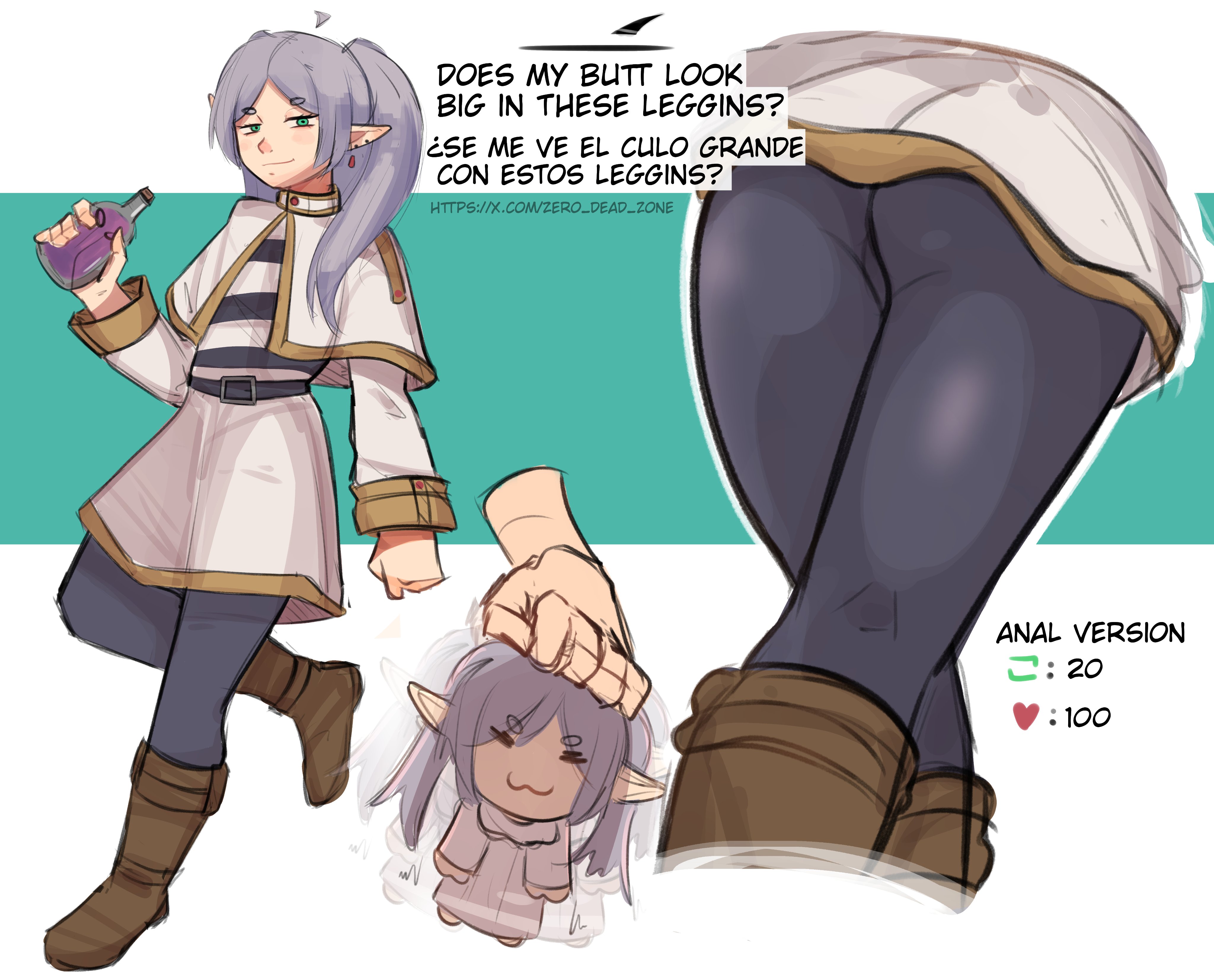 1girls, 2024, 2d, 2d (artwork), ass, bottom view, chibi, clothed female, earrings, elf, elf female, elven ears, english dialogue, english text, frieren, frieren beyond journey's end, head rub, holding bottle, legwear, looking at viewer, retweet challenge, smug face, sousou no frieren, spanish dialogue, spanish text, twitter link, twitter url, zero dead zone