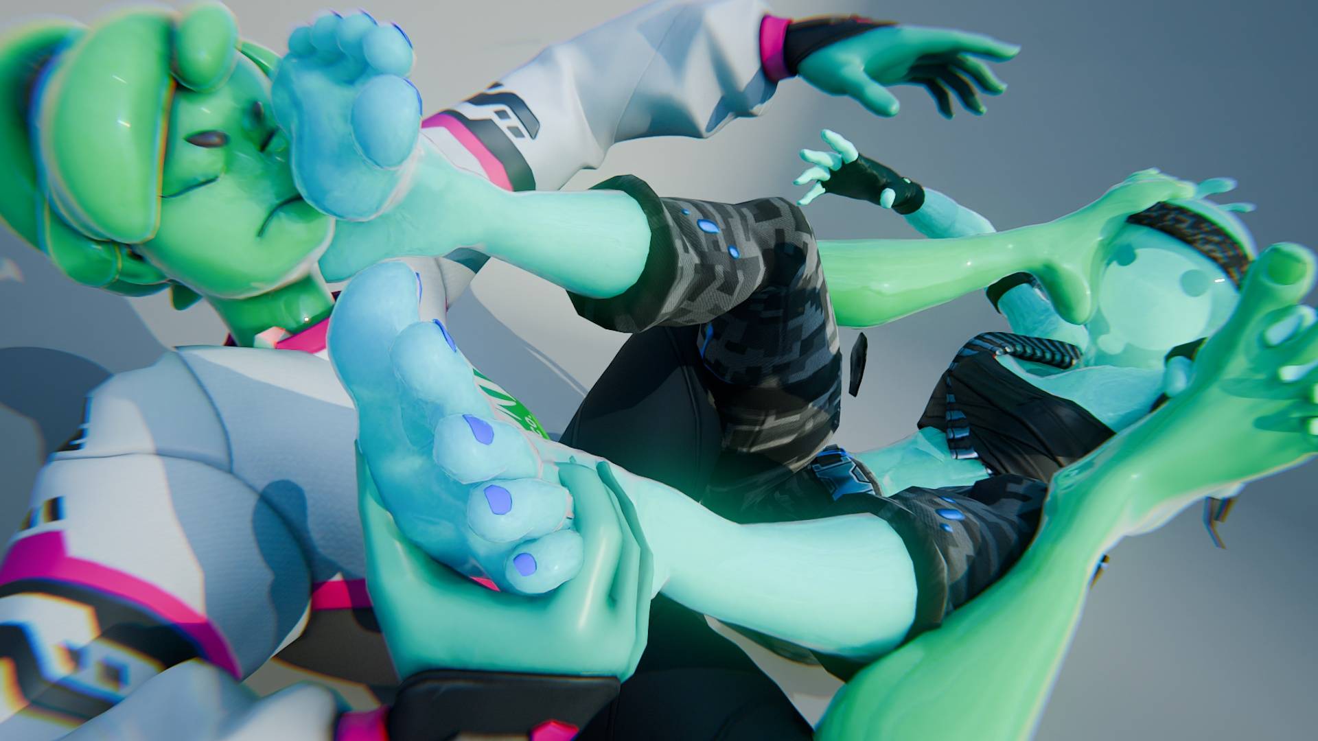 3d, 3d (artwork), barefoot, blue toenails, doopysart, doopysart (artist), ella slurp, feet, feet on face, female, fighting, foot fetish, foot focus, fortnite, fortnite: battle royale, grabbing feet, slime girl, slurp bandolette