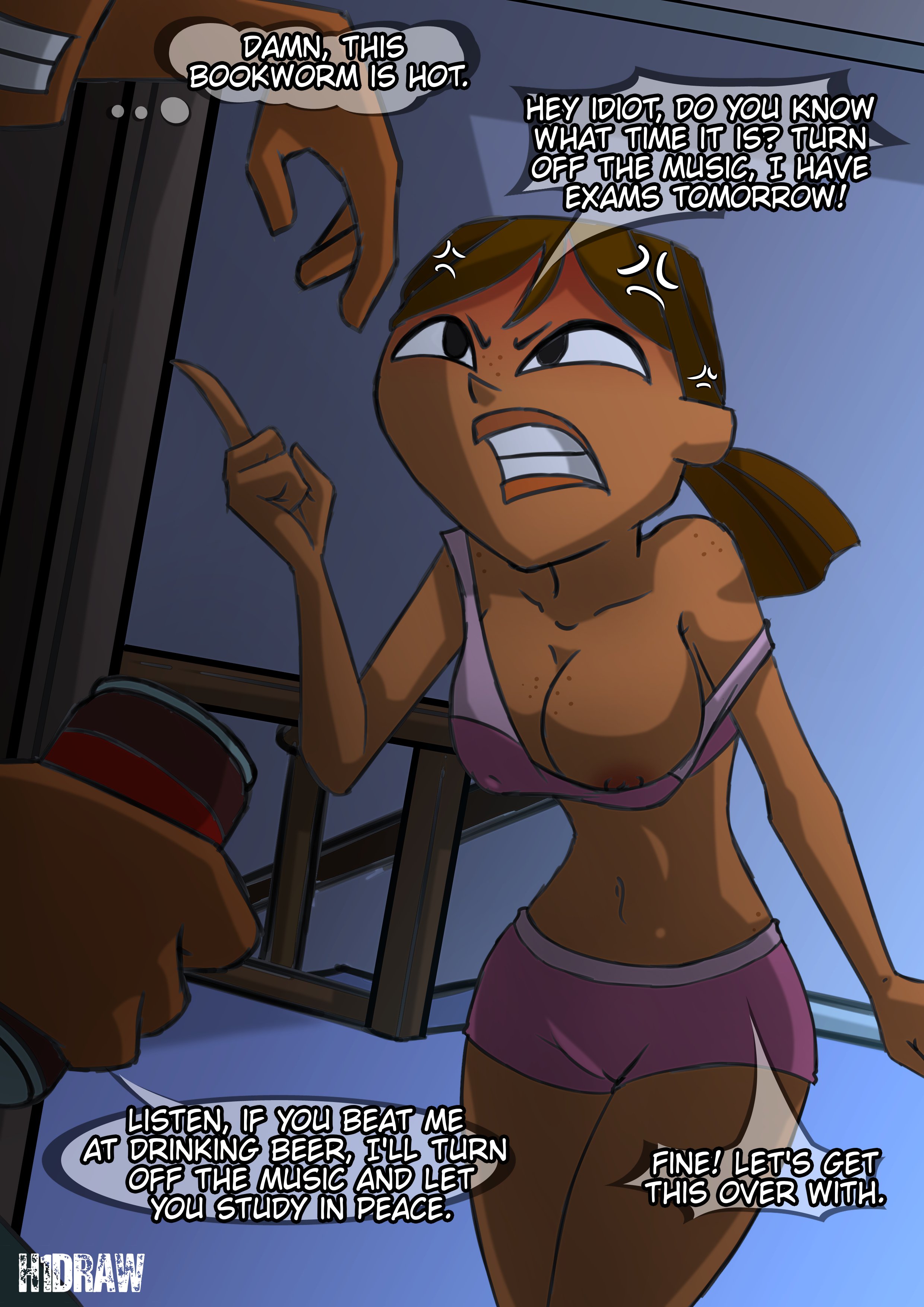 1girls, 2d, 2d (artwork), breast, breast exposed, brown hair, brown skin, brown skinned female, busty, courtney (tdi), dark-skinned male, dialogue, eyeless male, female, female focus, first part, h1draw, hourglass figure, more at source, nipple, speech bubble, tagme, text bubble, total drama island, wide hips