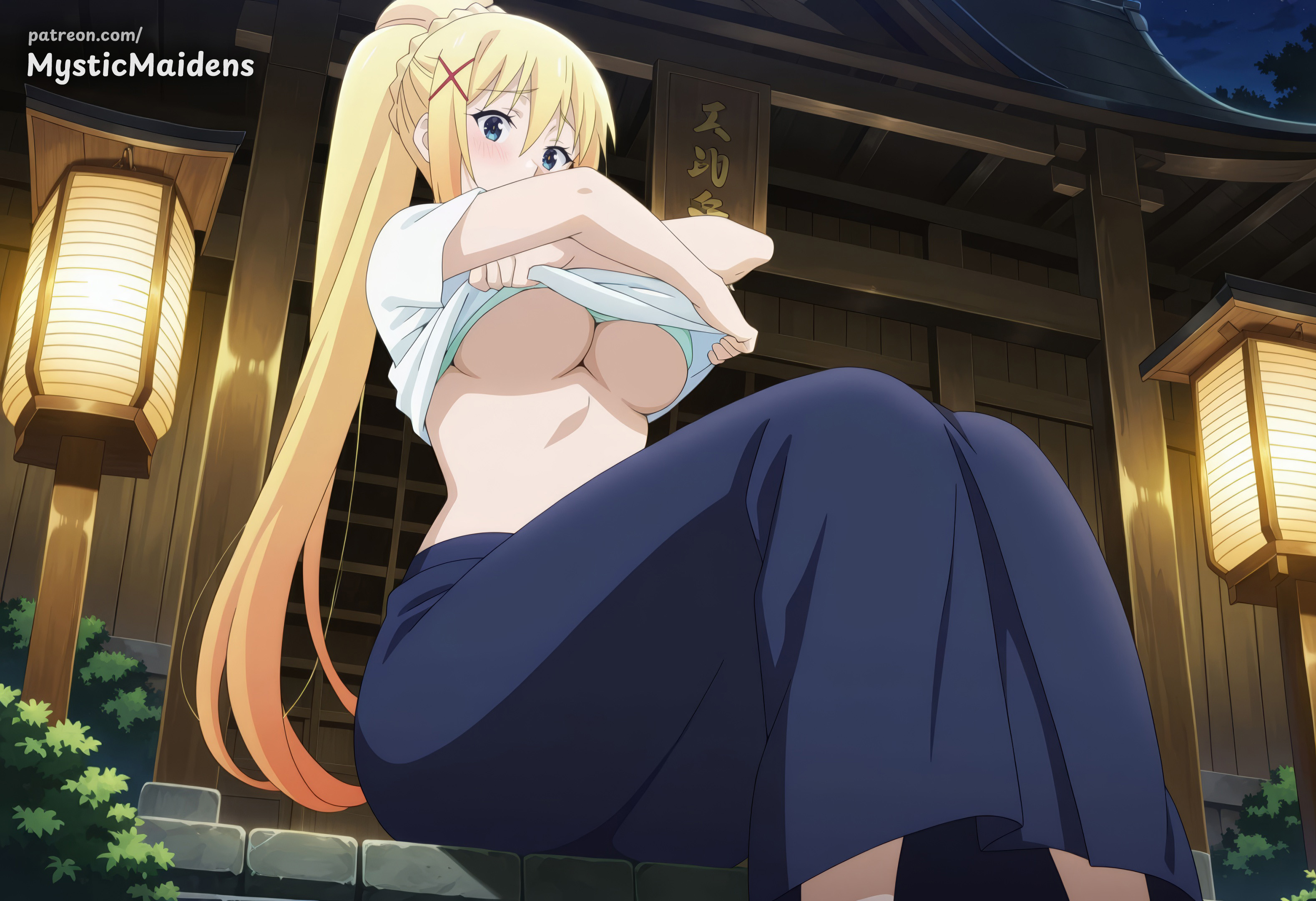 ai generated, anime, anime style, blonde hair, blue eyes, blue skirt, blush, braid, breasts, clothes lift, darkness (konosuba), female, hair between eyes, hair ornament, hentai, hi res, kono subarashii sekai ni shukufuku wo!, konosuba, lantern, large breasts, long hair, long skirt, looking at viewer, mystic maidens, night, outdoors, patreon, patreon username, ponytail, shirt, shirt lift, short sleeves, sitting, skirt, solo, underboob, undressing, very long hair, white shirt, x hair ornament