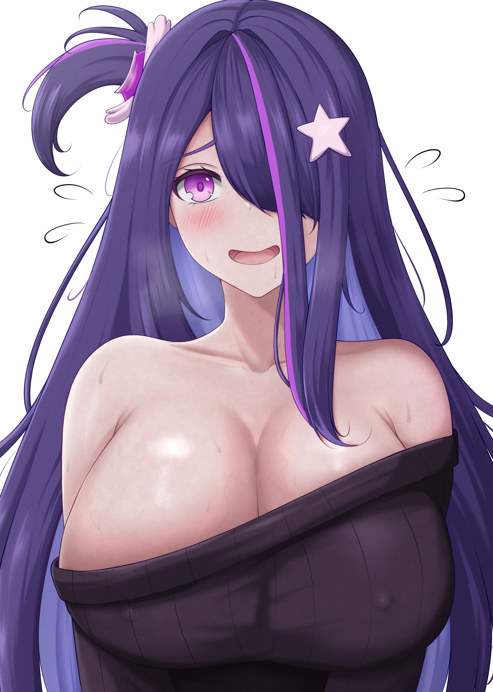 1girl, bare shoulders, black sweater, blush, breasts, brown dust (series), brown dust 2, cleavage, commentary, covered nipples, hair over one eye, highres, huge breasts, long hair, looking at viewer, palette (brown dust), purple eyes, purple hair, rabbitttt, simple background, solo, sweater, upper body, very long hair, white background
