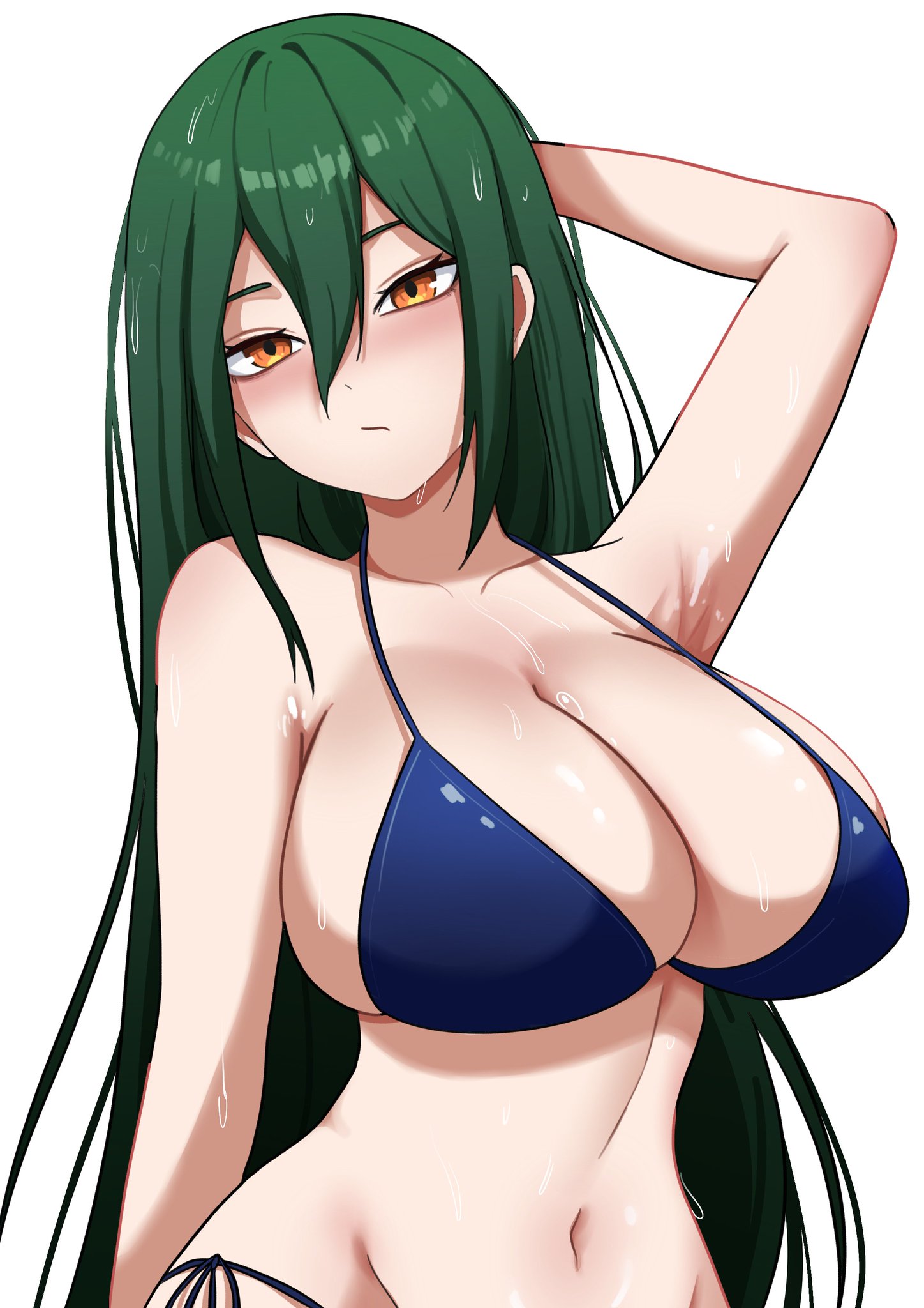 abirdeer, absurdres, amber eyes, arm up, armpits, arms behind head, arms up, big breasts, bikini, blush, breasts, cleavage, collarbone, crusch karsten, female, female focus, green hair, hair between eyes, highres, huge breasts, long hair, looking at another, looking at viewer, looking back, meowdeer, midriff, re:zero kara hajimeru isekai seikatsu, staring, swimsuit, wet, wet hair, white background, wide hips, yellow eyes