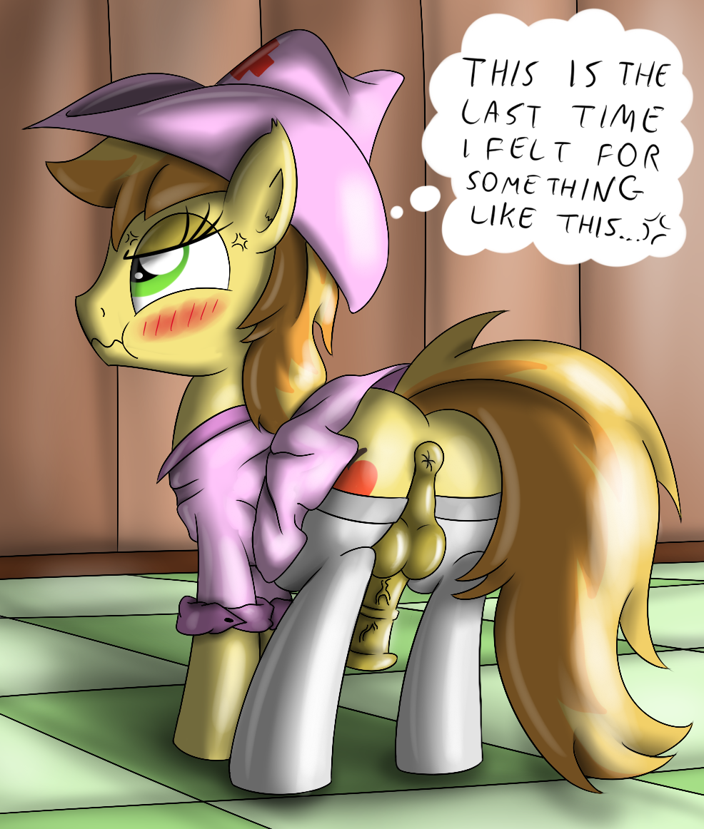 angry balls blue_eyes blush braeburn_(mlp) cowboy_hat crossdressing cutie_mark earth_pony english_text equine feral friendship_is_magic fur hat horse looking_back male male_only my_little_pony nurse nurse_hat nurse_uniform panties pony solo stockings text two_tone_hair underwear ziemniax