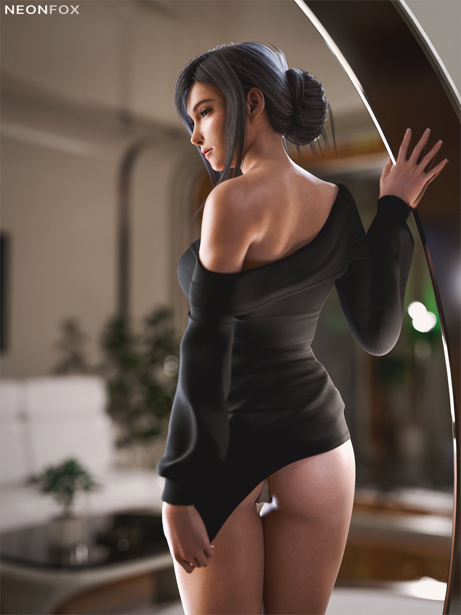 1girls, 2025, 3d, ass, big breasts, black hair, brown eyes, clothed, clothed female, covered breasts, detailed background, female, female only, final fantasy, final fantasy vii, final fantasy vii remake, flashing, flashing ass, hair bun, hair up, indoors, lipstick, long hair, long sleeves, looking back, medium ass, neonfox3d, official alternate hairstyle, panties, rear view, skinny, skinny female, solo, standing, sweater, thigh gap, thighs, tifa lockhart