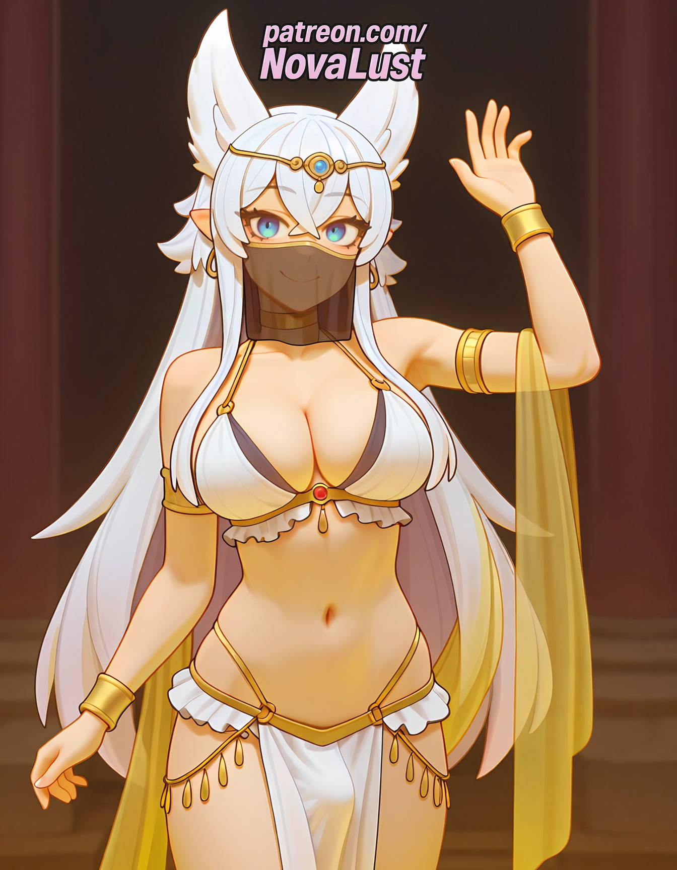 1futa, 2025, ai generated, animal ears, armlet, artist name, big breasts, big chest, blue eyes, bracelet, breasts, bust, busty, chest, circlet, dancer, earrings, fenrys, futanari, hi res, high quality, high resolution, highres, jewelry, large breasts, loincloth, long hair, lv2 kara cheat datta motoyuusha kouho no mattari isekai life, mask, mouth veil, navel, novalust, patreon, patreon username, pelvic curtain, see-through, smile, solo, stable diffusion, veil, watermark