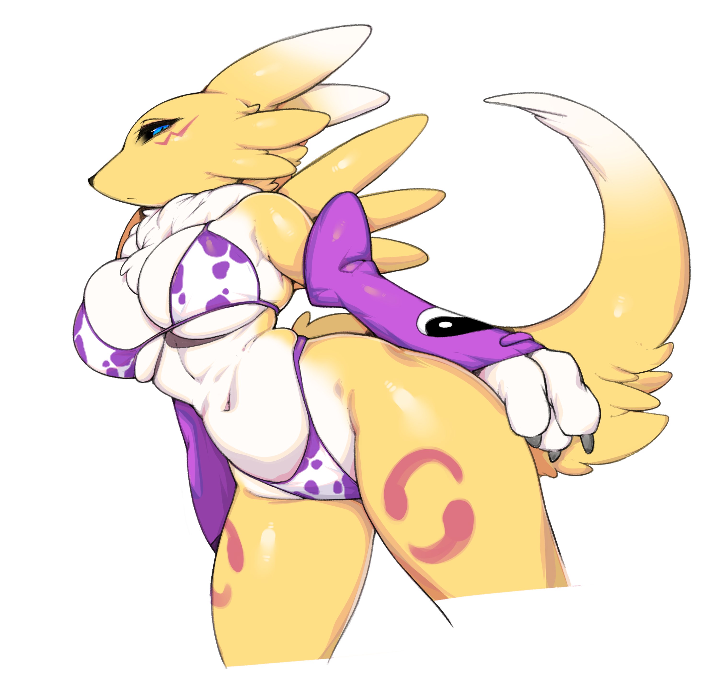 anthro, armwear, bikini, cowprint, cowprint bikini, digimon, digimon (species), female, female only, furry, neck tuft, renamon, slugbox, tagme, tail, wide hips, yin yang