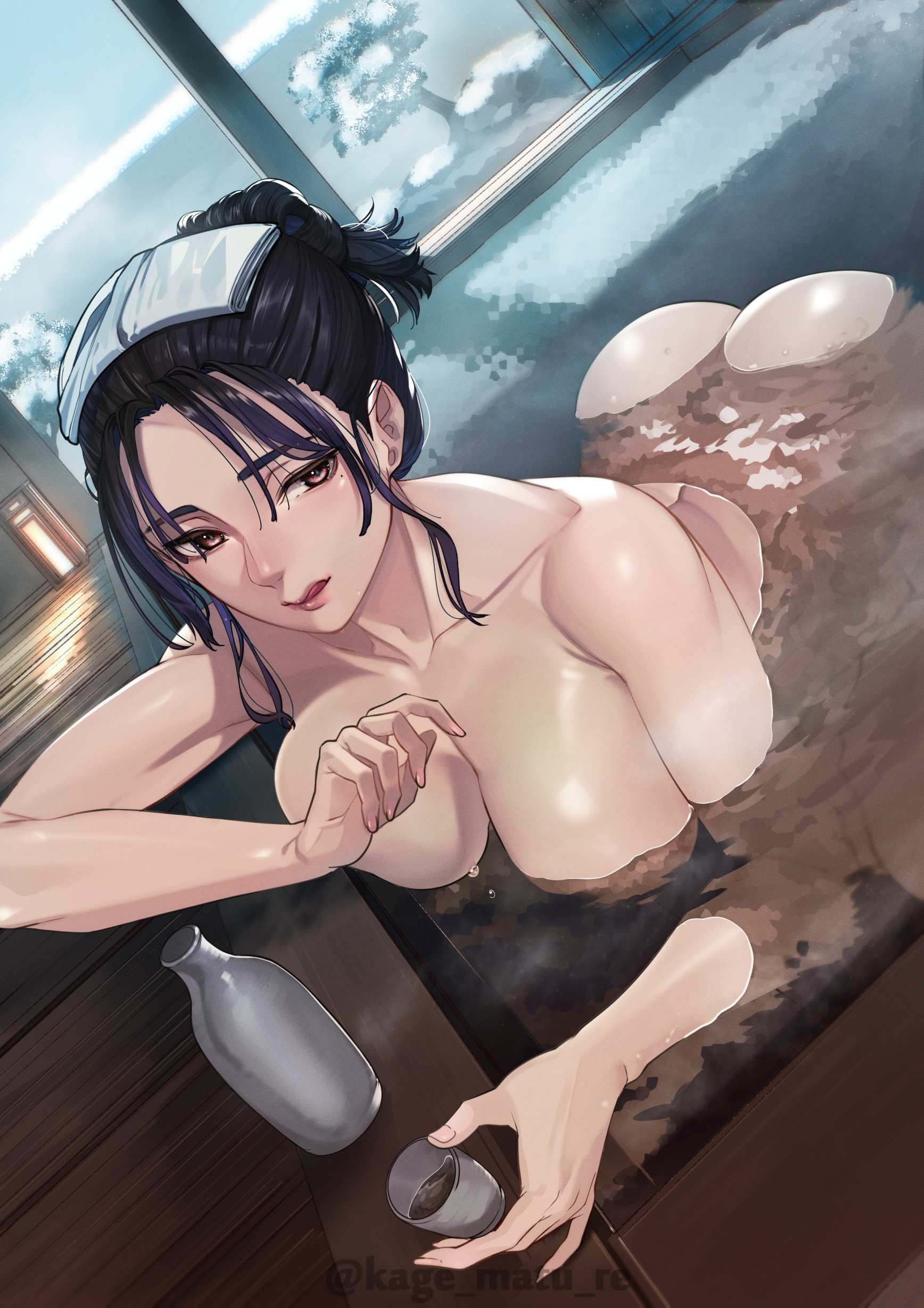 :q, absurdres, ass, bath, bathing, black hair, bottle, breasts, brown eyes, choko (cup), cleavage, collarbone, commentary request, completely nude, cup, female, hair bun, highres, holding, holding cup, kagematsuri, large breasts, lips, mature female, median furrow, mole, mole under eye, nude, onsen, original, partially submerged, revision, sake bottle, single hair bun, solo, steam, tongue, tongue out, towel, towel on head, twitter username, water, wet