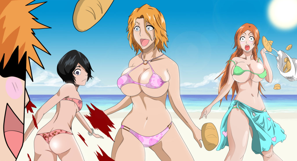 3girls, ass, bag, beach, big breasts, bikini, bimbo, black hair, bleach, blood, blue sky, blush, bra, bracelet, bread, breasts, clouds, female, greengiant2012, huge breasts, ichigo kurosaki, inoue orihime, kuchiki rukia, large breasts, matsumoto rangiku, multiple females, multiple girls, nosebleed, ocean, orange hair, panties, pervert, sand, sea, sky, small breasts, sun