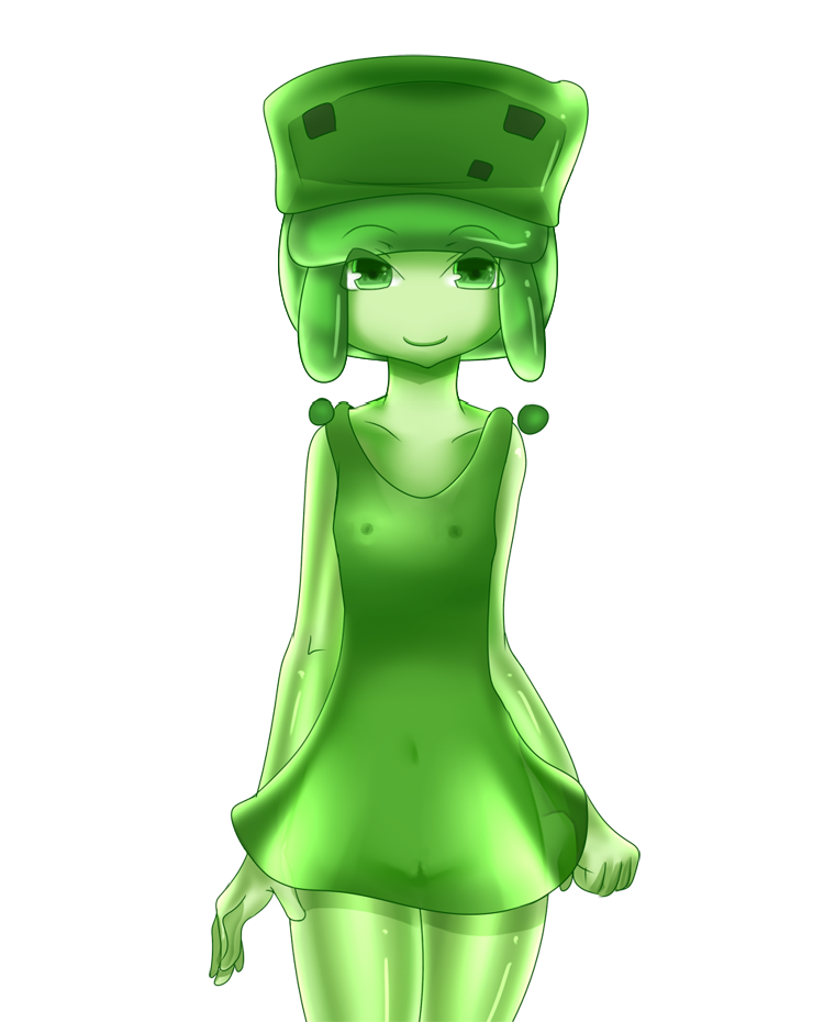 at2. breasts character commission dress female goo_girl green_eyes hat minecraft minecraft_(series) minecraft_xxx mob_talker personification pussy see-through sheer slime slime_(at2.) slime_(minecraft) slime_girl tagme translucent video_games