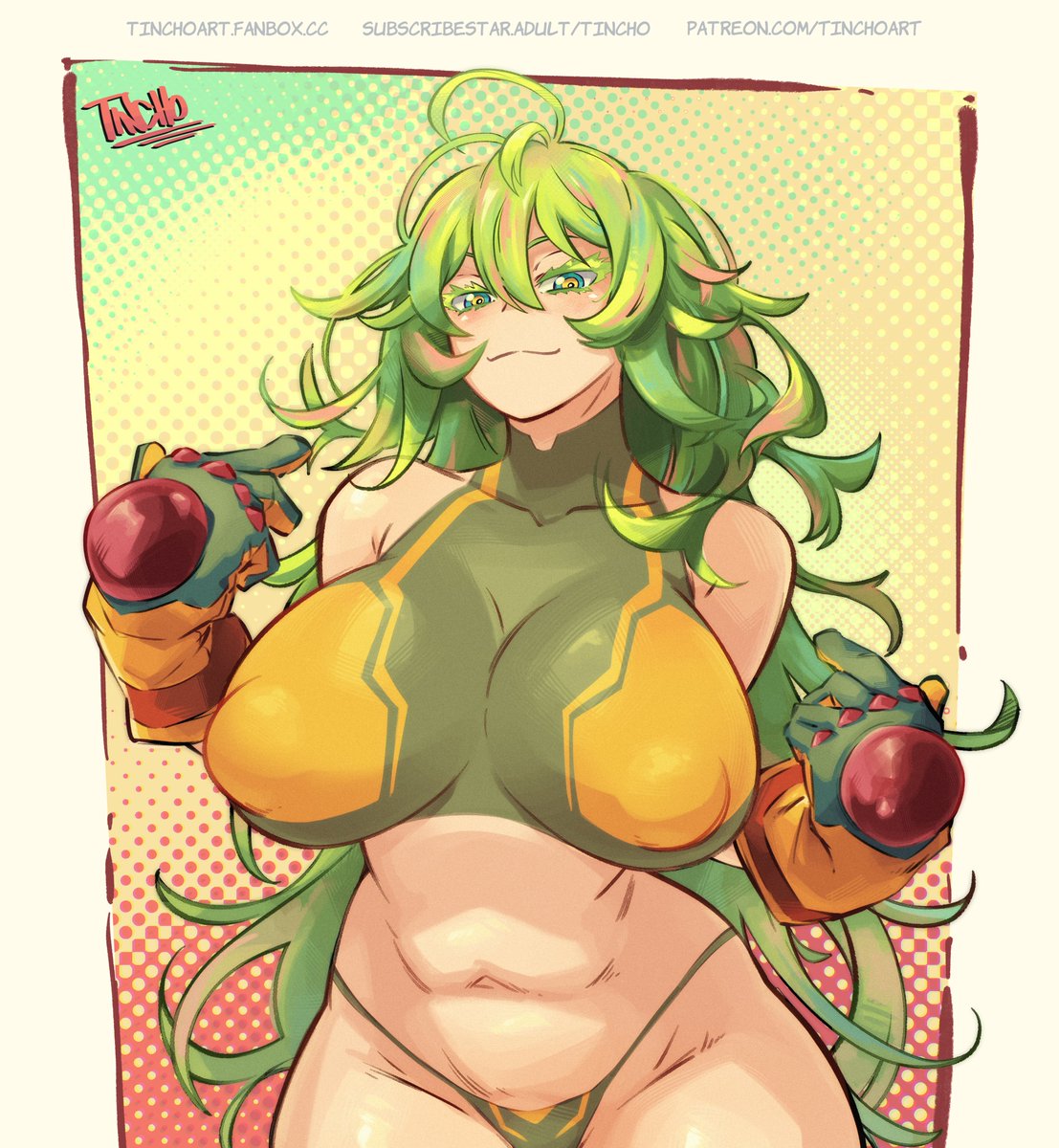 1girls, alternate costume, areola, areolae, areolae slip, artist name, bare shoulders, bikini, blush, blush lines, boku no hero academia, bra, breasts, bushy eyebrows, cameltoe, canon costume, closed mouth, covered nipples, crop top, deku's photo of hagakure toru, english commentary, female, female focus, gloves, green bikini, green eyes, green gloves, green hair, green-haired female, hagakure toru, hand gesture, happy, happy female, hero outfit (mha), highres, huge breasts, light skin, long hair, looking at viewer, medium breasts, messy hair, midriff, multicolored bikini, multicolored eyes, multicolored hair, my hero academia, my hero academia (finale), navel, nipples, official alternate costume, panties, pink streaks, pointing, pointing at self, post-timeskip, smile, smirk, solo, sports bra, swimsuit, thick thighs, tincho art, tooru hagakure, tooru hagakure (post-timeskip), tooru hagakure (visible), tube top, two-tone bikini, very long hair, wide hips, yellow bikini