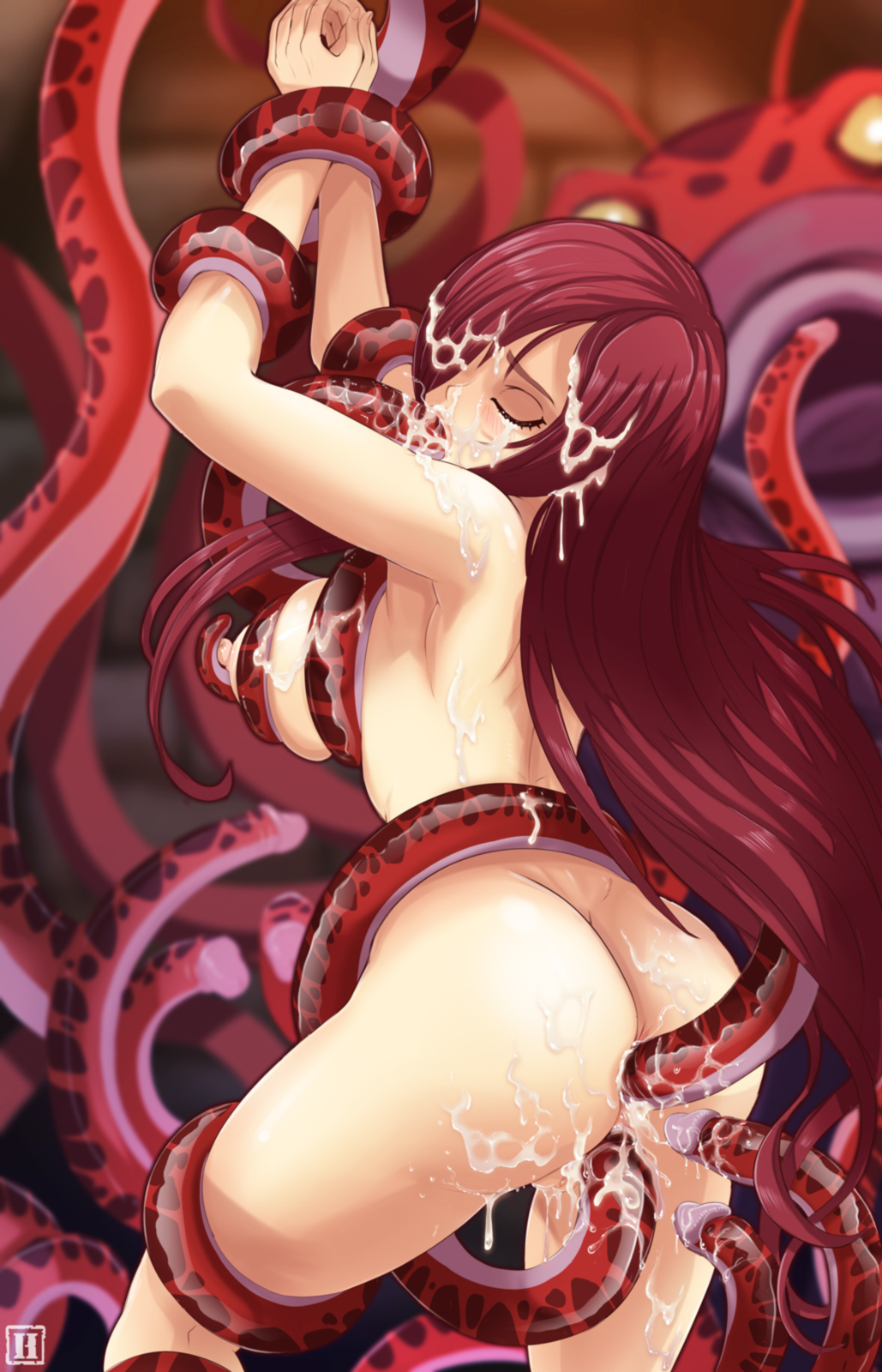 anal, anal insertion, anal sex, ass, bondage, bound wrists, breast squeeze, breasts, cum, cum in ass, cum in pussy, cum inside, cum on ass, double penetration, erza scarlet, facial, fairy tail, female, hmage, long hair, nipples, oral insertion, penetration, pussy, red hair, restrained, tentacle, tentacle rape, tentacle sex, vaginal insertion