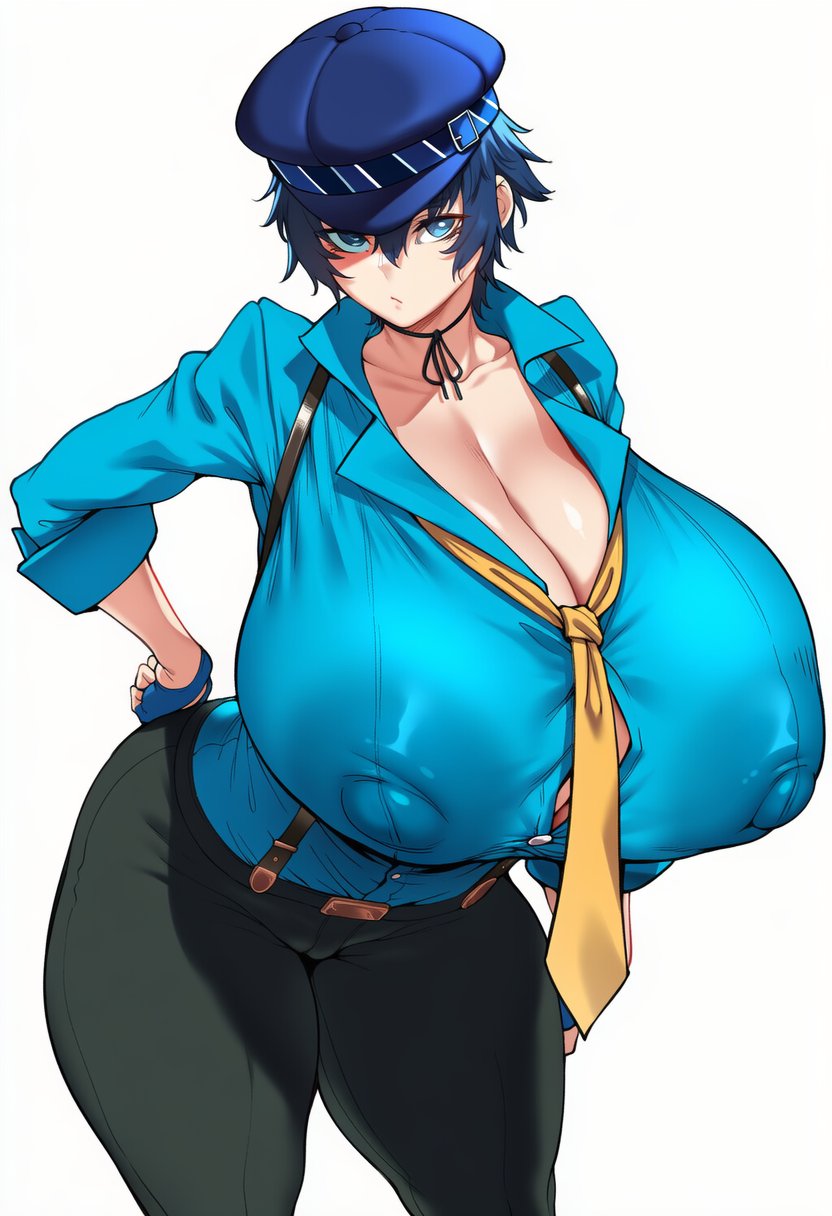 1girls, alternate breast size, big breasts, blue eyes, breasts bigger than head, cameltoe, female, gigantic breasts, huge breasts, hyper, hyper breasts, looking at viewer, massive areolae, massive breasts, nipples bulge, nipples visible through clothing, persona, persona 4, police, police uniform, policewoman, shirogane naoto, slim waist, solo, tight clothing, transparent clothing, white background, wide hips