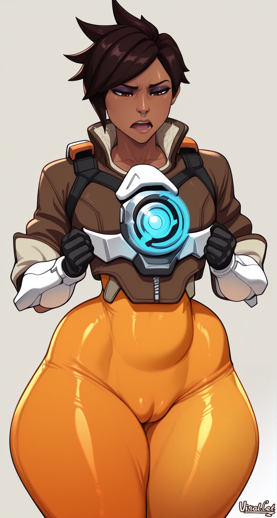 1girls, 2025, ai generated, brown eyes, brown hair, cameltoe, child bearing hips, cosplay, dark skin, dark-skinned female, dispatch (game), female, female only, invisigal, looking down, nose piercing, overwatch, thick thighs, thunder thighs, tight clothing, tracer, tracer (cosplay), viralcat