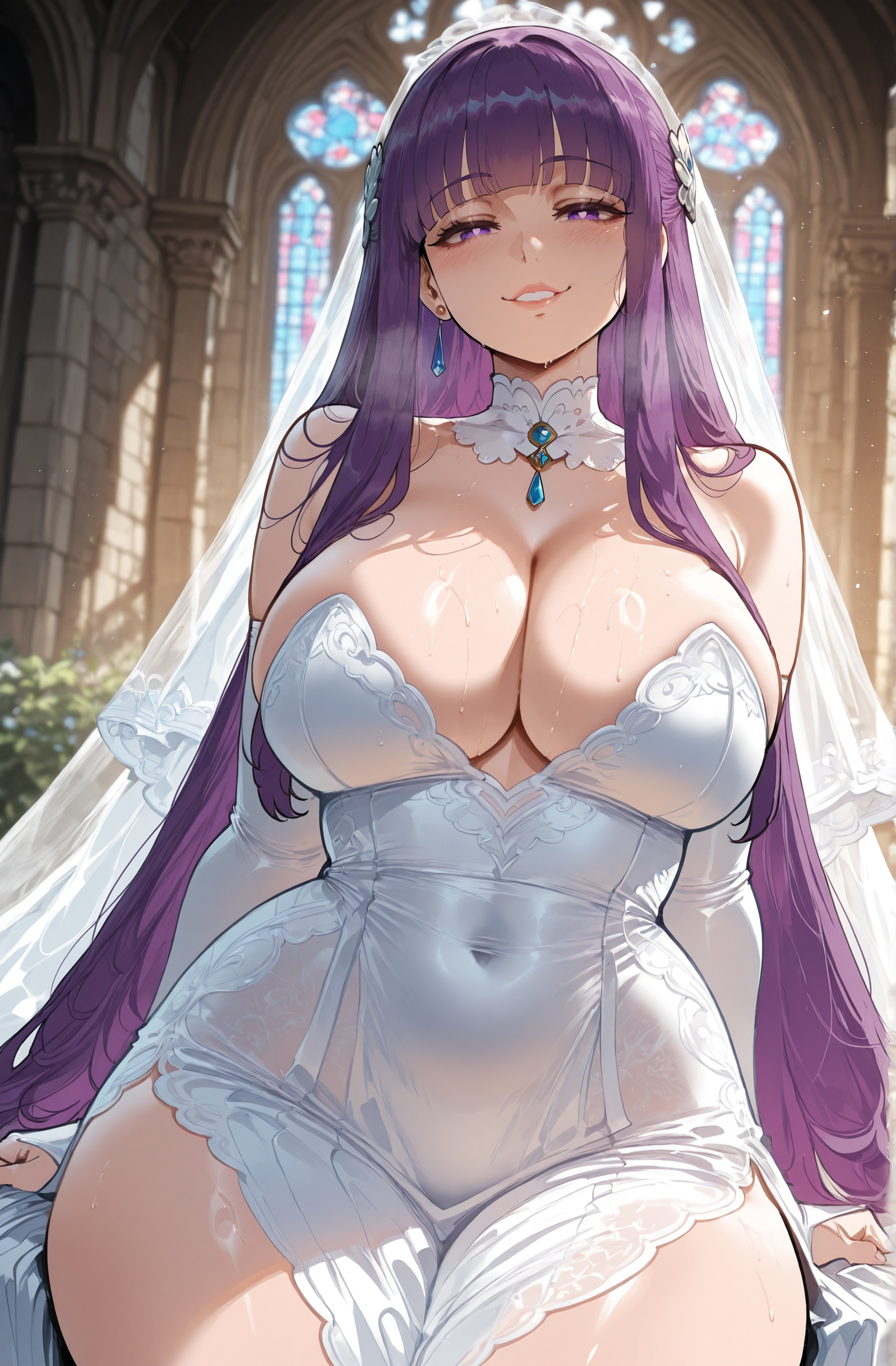 1girls, ai generated, bangs, bare shoulders, blunt bangs, blurry background, blush, breasts, bridal gauntlets, bridal veil, bride, church, cleavage, clothing, covered navel, curvaceous, curvaceous female, curvaceous figure, curvy, curvy figure, cut bangs, detached collar, detached sleeves, dress, drop earrings, earrings, female, female focus, female only, fern (sousou no frieren), grin, half-closed eyes, indoors, inviting, jewelry, large breasts, lips, long hair, looking at viewer, miyuai, parted lips, presenting, presenting ass, presenting breasts, presenting hindquarters, presenting self, purple eyes, purple hair, purple pupils, seductive, seductive look, seductive smile, see-through, sitting, smile, solo, sousou no frieren, strapless, strapless dress, sweat, thick thighs, thighs, veil, very long hair, voluptuous, voluptuous female, wedding dress, white dress, wide hips