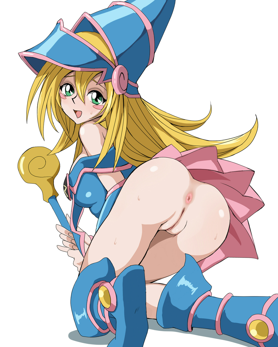 anus ass bare_shoulders blonde_hair boots dark_magician_girl female green_eyes hat kneeling long_hair looking_at_viewer naughty_face no_panties open_mouth pussy rayphenos sideboob smile staff sweat uncensored upskirt yu-gi-oh!