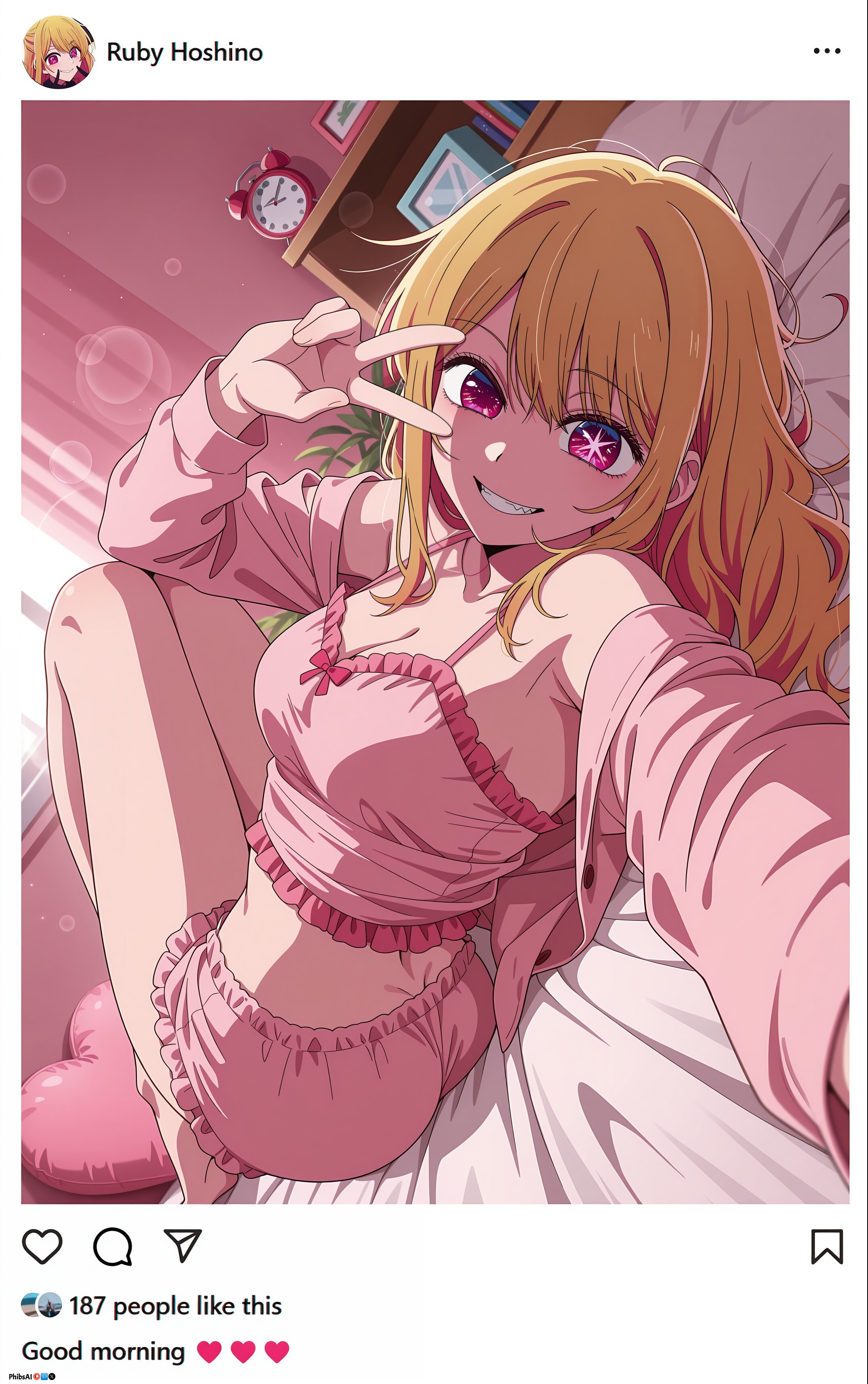 ai generated, bangs, bare shoulders, barefoot, blonde hair, blush, breasts, camisole, cleavage, eyebrows visible through hair, female, frills, grin, hoshino ruby, indoors, jacket, knee up, knees up, long hair, long sleeves, looking at viewer, lying, medium breasts, on back, on bed, oshi no ko, pajamas, phibsai, phone screen, photo (object), pillow, pink eyes, pink jacket, self shot, shorts, sitting, smile, solo, teeth