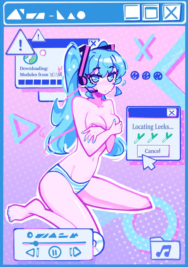 1girl, 1girls, aqua hair, bangs, barefoot, belly button, blue eyes, blue hair, blue nail polish, blue nails, blue striped panties, blue toenails, breasts, cleavage, covering, covering breasts, cursor, dizzyisdizzy, english text, feet, hands covering breasts, hatsune miku, headphones, headset, leeks, long hair, looking at viewer, medium breasts, musical note, nail polish, navel, panties, sitting, solo, striped, striped panties, tagme, topless, twintails, twitter source, underwear, underwear only, vocaloid, wariza