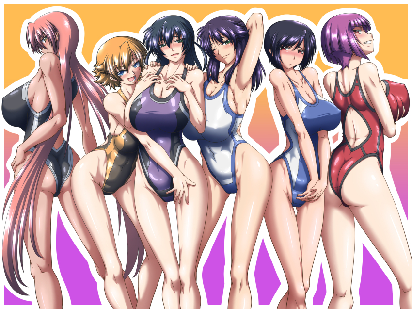 6+girls arms_up blushing breasts cleavage igawa_asagi igawa_sakura ingrid_(taimanin_asagi) kangoku_senkan large_breasts lieri_bishop lilith-soft makai_kishi_ingrid naomi_evans oboro_(taimanin_asagi) one-piece_swimsuit purple_hair sisters swimsuit taimanin_asagi taro