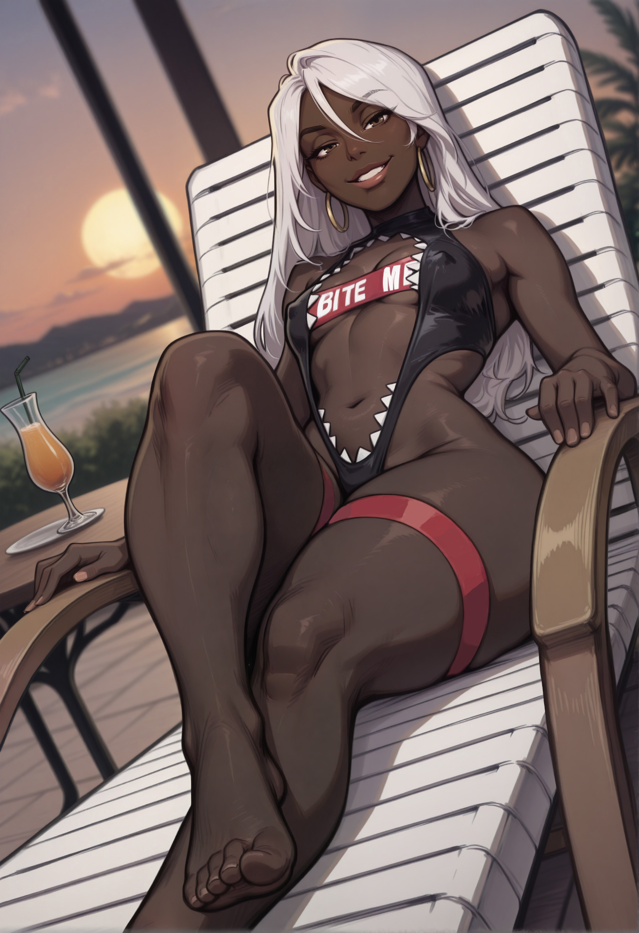 ai generated, bathing suit, blurry background, covered nipples, cutout, dark skin, dark skinned female, feet, female, fit, halterneck, hoop earrings, leg up, looking at viewer, lounge chair, lounging, navel, outside, small breasts, smile, solo, solo female, sunset, thighs, toes, white hair