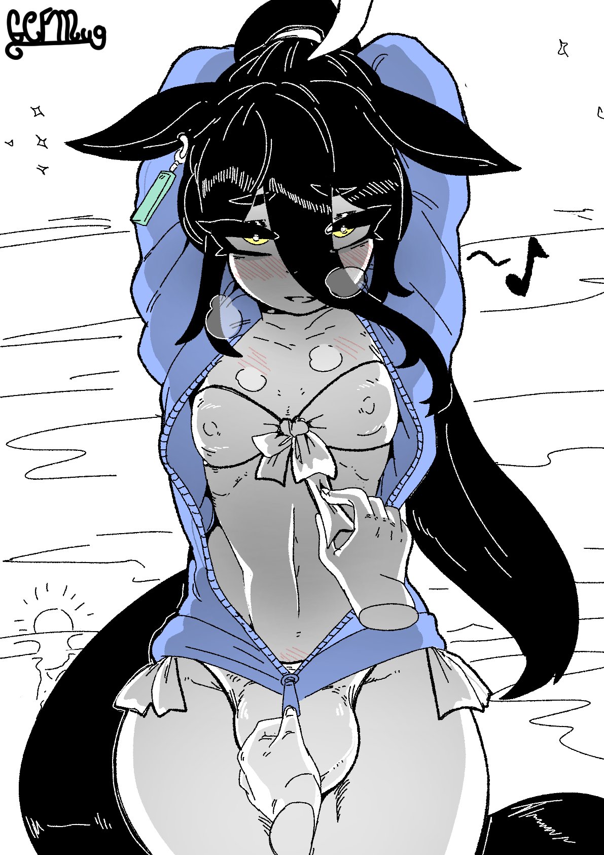 1futa, animal ears, anon, arms up, beach, bikini, blush, bulge through clothing, front view, futanari, gcfmug, horse girl, hung futa, imminent sex, manhattan cafe (umamusume), ponytail, seductive, small breasts, steamy breath, swimsuit, thick thighs, toned futa, umamusume, umamusume pretty derby, undressing, visible nipples, wide hips