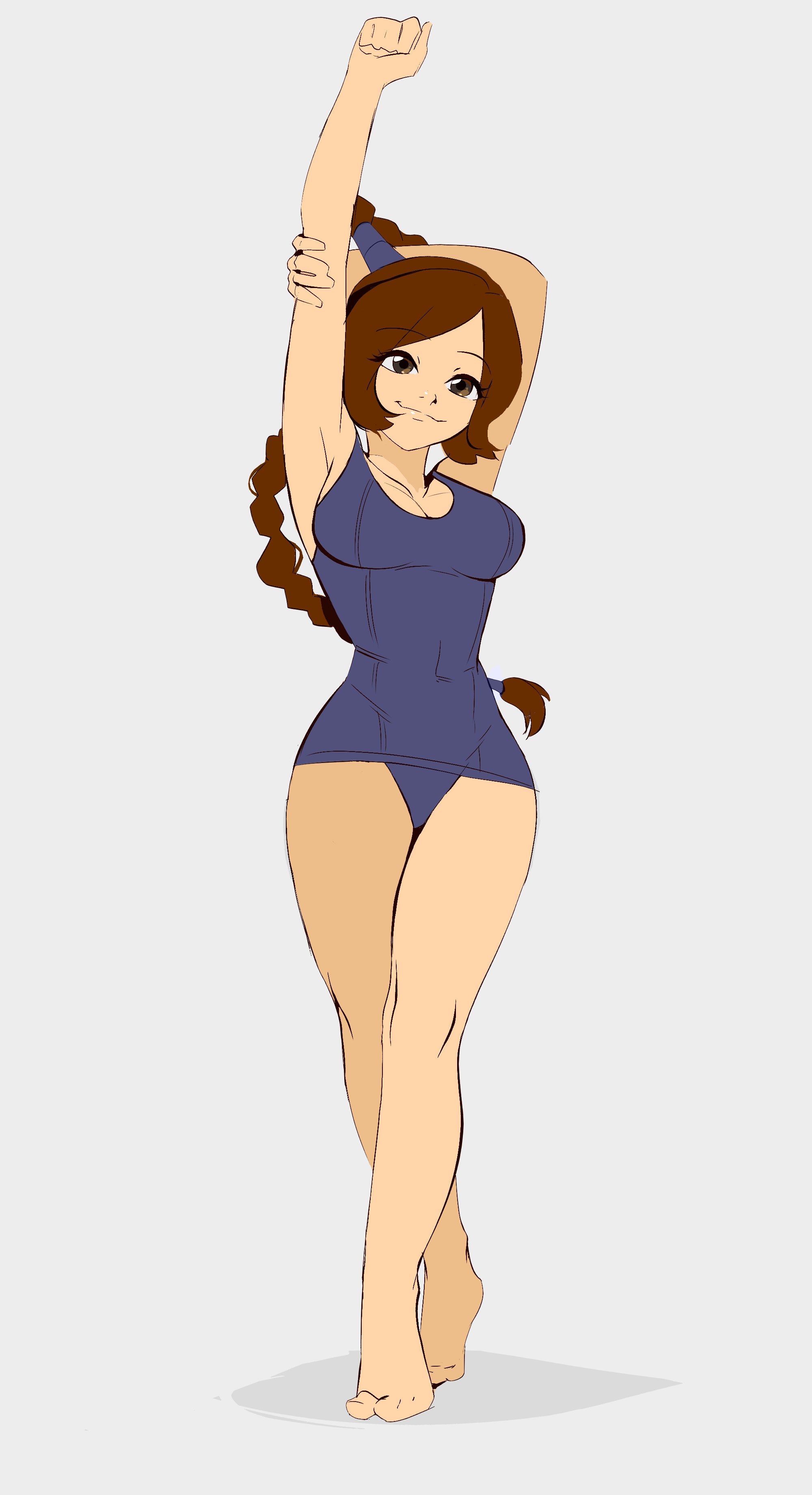 1girls, 8log4icy, alternate version available, athletic female, avatar the last airbender, barefoot, bathing suit, brown eyes, brown hair, cleavage, cute, female, female focus, female only, full body, pale-skinned female, school swimsuit, solo, solo female, solo focus, stretching, swimsuit, ty lee, walking towards viewer