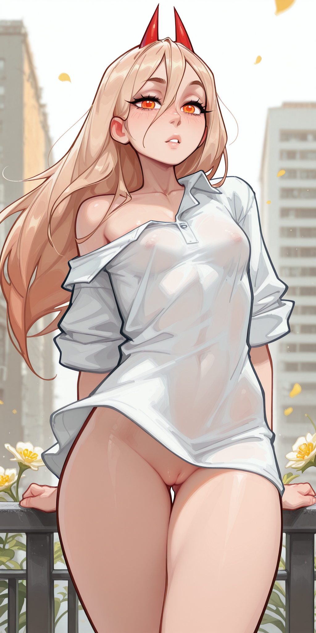 1girls, ai generated, balcony, blonde hair, bottomless, chainsaw man, city background, collarbone, collared shirt, covered navel, covered nipples, exposed pussy, female, flower, gradient hair, hair behind ear, hair between eyes, leaning back, long hair, looking at viewer, molamaxuy, nipples visible through clothing, no panties, off-shoulder shirt, orange eyes, outdoors, oversized shirt, parted lips, partially nude, petals, power (chainsaw man), pussy, red horns, rolled up sleeves, see-through, sexy, skinny, small breasts, solo, standing, thigh gap, thighs, white shirt, wind
