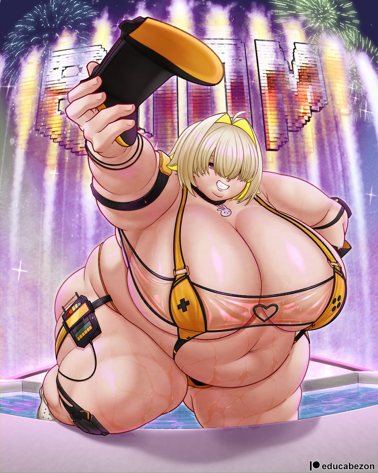 1girls, ahoge, artist signature, bangs over one eye, bbw, belly, big belly, bikini, blonde hair, breasts, breasts bigger than head, chubby, controller, detailed background, double chin, educabezon, elegg (boom and shock) (nikke), elegg (nikke), fat, fat female, female, female only, goddess of victory: nikke, hair covering eye, hair vents, huge breasts, looking at viewer, morbidly obese, navel, overweight, overweight female, patreon, purple eyes, sideboob, skimpy, skimpy clothes, solo, solo female, sweat, thick thighs, underboob, water, wide hips