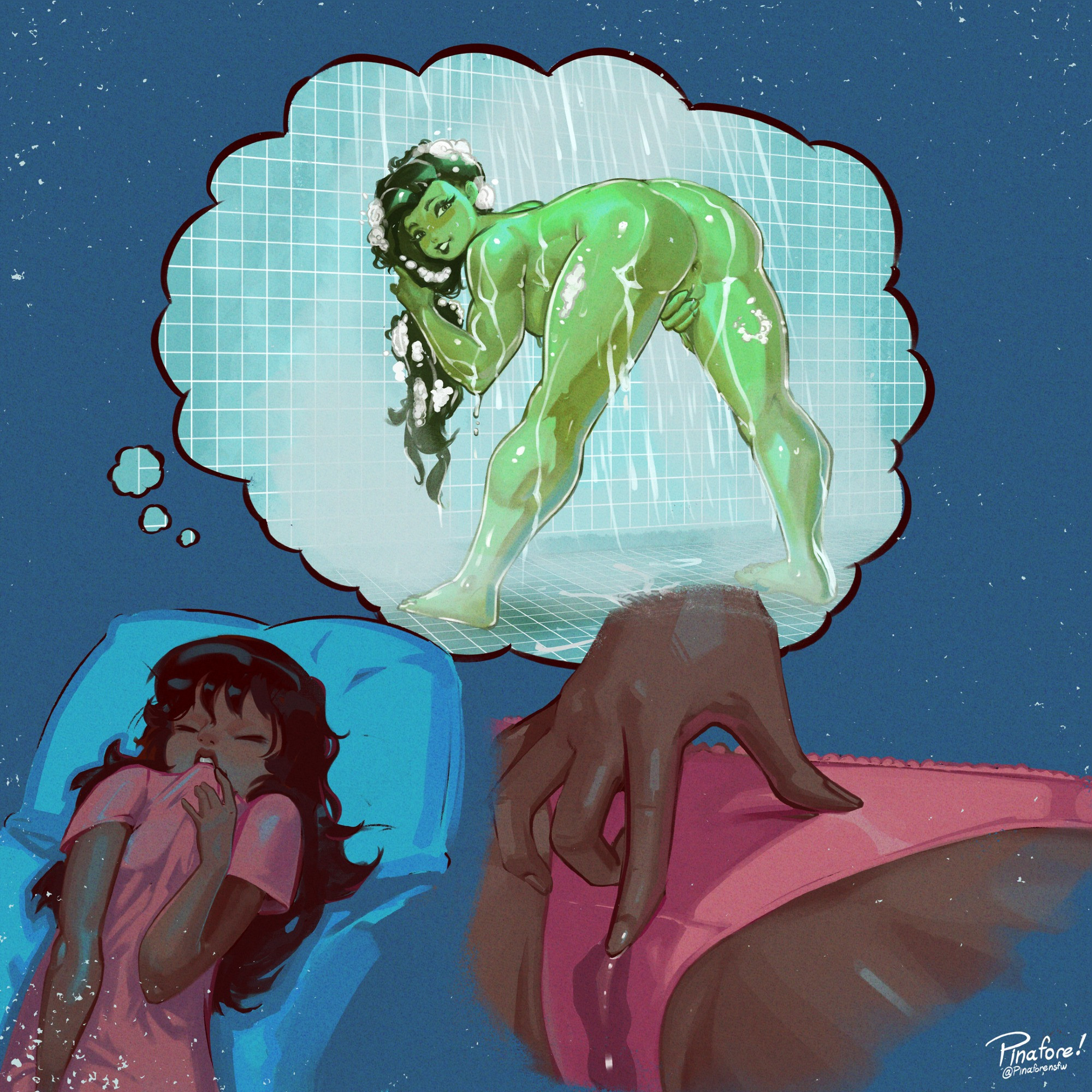 biting clothes, dark skin, dark-skinned female, dream, fantasizing, green skin, jennifer walters, kamala khan, marvel, masturbation, ms. marvel, ms. marvel (kamala khan), muscular, muscular female, muslim, pakistani female, pinafore (artist), rubbing pussy, she-hulk, shower, wet dream, wet panties, wet pussy, yuri