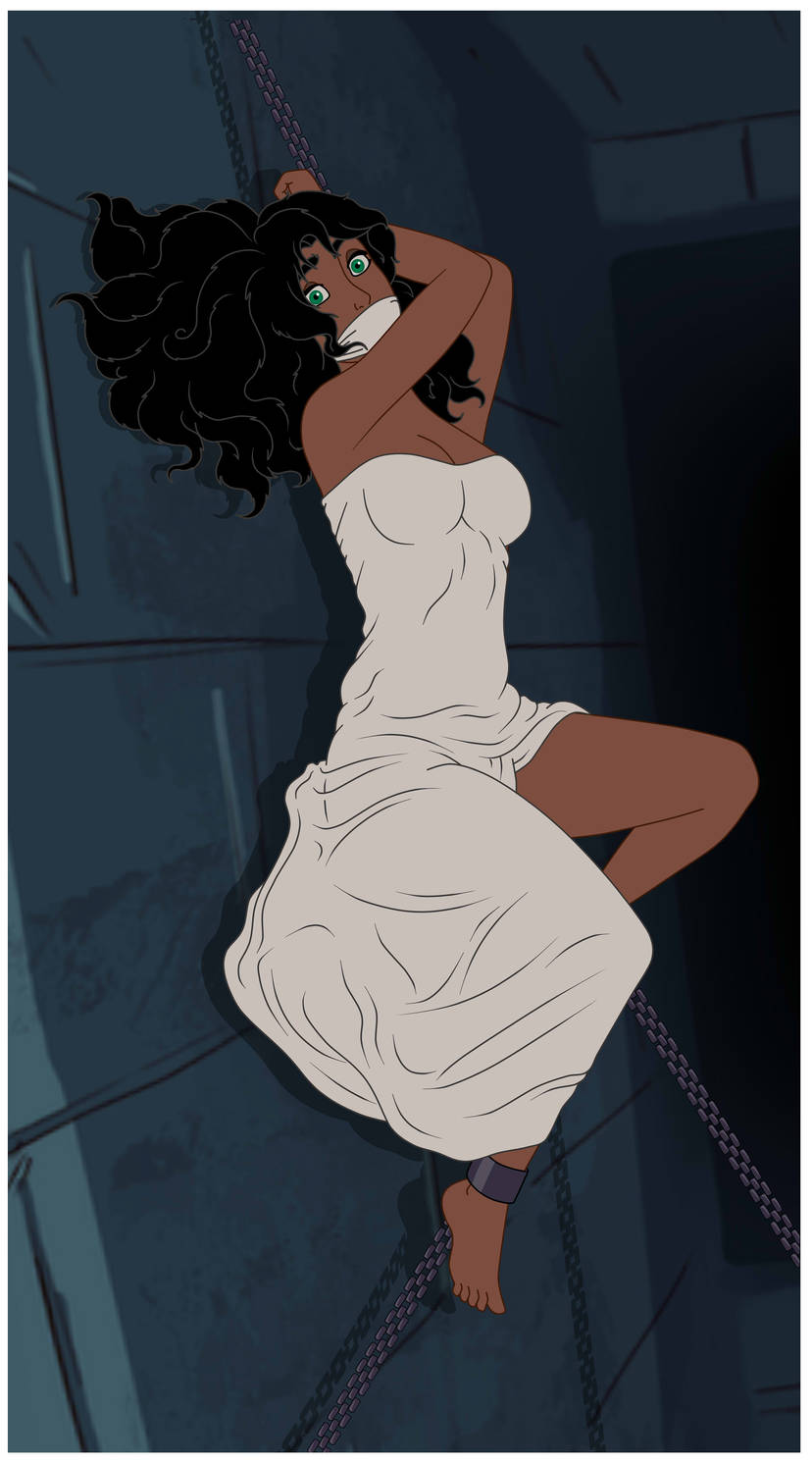 1girls, about to be raped, about to be violated, afraid, awaiting, black hair, bondage, bound, captive, captured, chained, chained legs, chained up, chained wrists, chains, cleavage, dark-skinned female, disney, dress, dungeon, esmeralda, fearful expression, female focus, female only, gag, gagged, gagged female, green eyes, gypsy, helpless, helpless female, imminent rape, knee up, looking at viewer, on back, on floor, restrained, ruffled dress, scared, solo, tense, the hunchback of notre dame, thigh, white dress