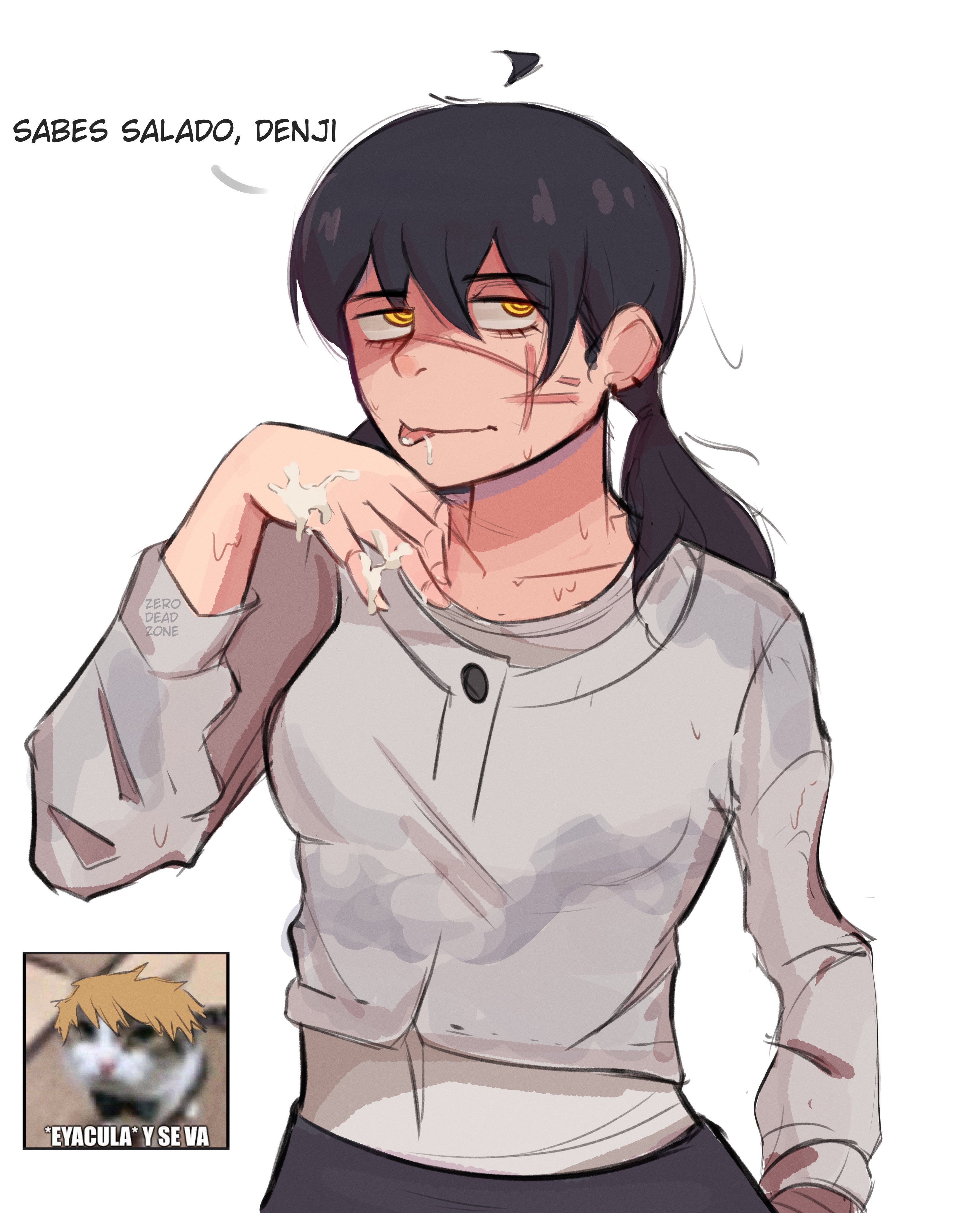 1girls, 2024, 2d, 2d (artwork), artist name, black hair, black hair female, black-haired female, chainsaw man, clothed female, cum, cum on hand, cum on tongue, denji (chainsaw man), dialogue, gokkun, licking cum, licking cum from hand, meme, mitaka asa, ponytail, scar, scar on face, spanish text, white background, yoru (chainsaw man), zero dead zone