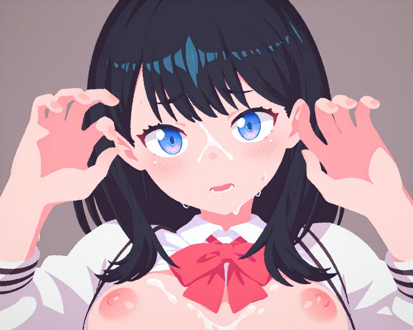 ai assisted, ai generated, black hair, blue eyes, blush, bow, bowtie, breasts, breasts out, cardigan, claw pose, close-up, collared shirt, cum, cum on body, cum on breasts, cum on hair, facial, female, grey background, hands up, long hair, long sleeves, looking at viewer, medium breasts, nipples, no bra, open cardigan, open clothes, open mouth, open shirt, rawr69, red bow, red bowtie, school uniform, shirt, simple background, solo, ssss.gridman, sweat, takarada rikka, teeth, upper body, white cardigan, white shirt