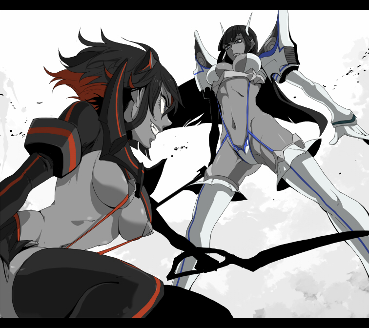 2girls, bakuzan, bikini armor, black and white, black hair, breasts, catfight, cleavage, female, female only, garter straps, grin, hourglass figure, junketsu, kill la kill, kiryuuin satsuki, long hair, matoi ryuuko, navel, scissor blade, senketsu, siblings, sisters, smile, suspenders, thighhighs, thong, two-tone hair, underboob, voluptuous, weapon, xla009