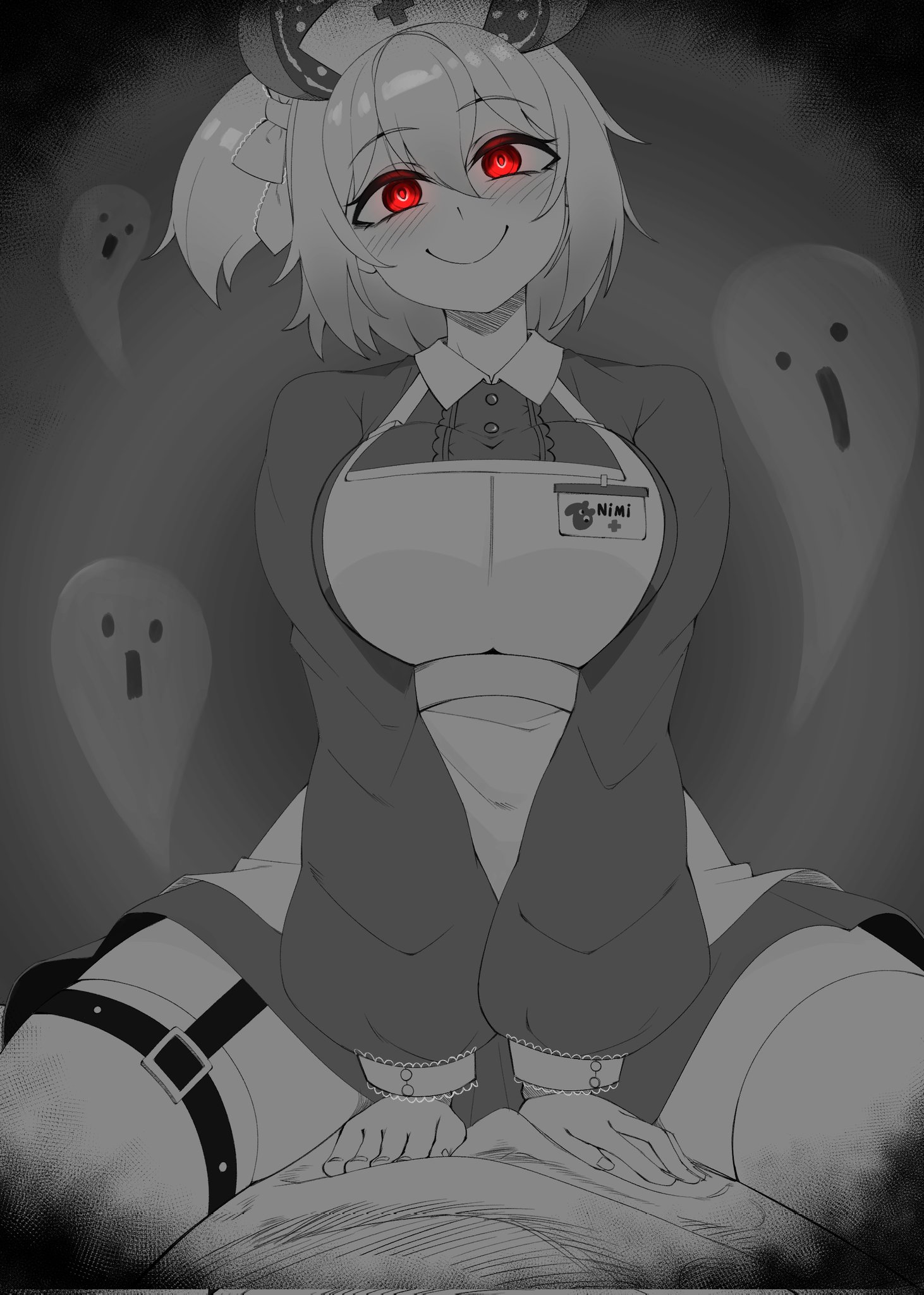1girls, animal ears, apron, big breasts, blush, breasts, clarkekitsp, dress, female, female only, good morning my brother (meme), greyscale, hands on another's stomach, hat, hi res, indie virtual youtuber, jpeg artifacts, large breasts, long sleeves, medium hair, meme, monochrome, naplings (nimi nightmare), nimi nightmare, nurse cap, official alternate eye color, one side up, parody, red eyes, scene reference, smile, solo, spot color, straddling, tapir ears, tapir girl, tokidoki bosotto russian de dereru tonari no alya-san, virtual youtuber, white hat
